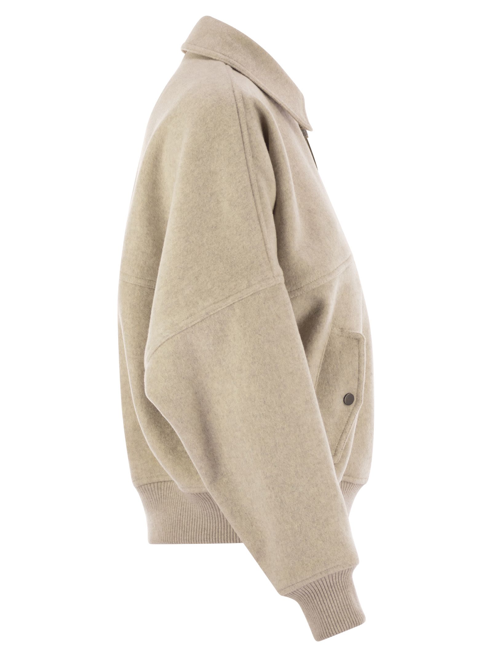 Brunello Cucinelli Women Double Cashmere And Wool Cloth Bomber Jacket With Shiny Zipper Pull