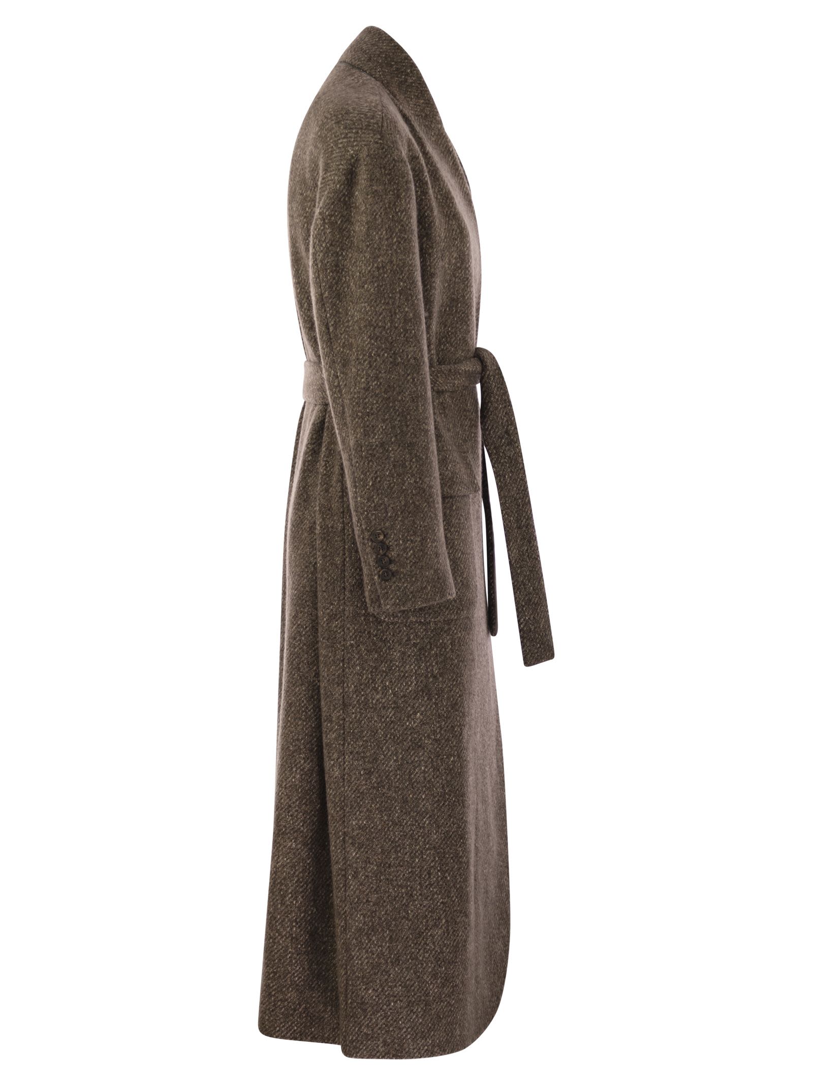 Brunello Cucinelli Women Wool And Cashmere Diagonal Mélange Coat With Belt And Necklace