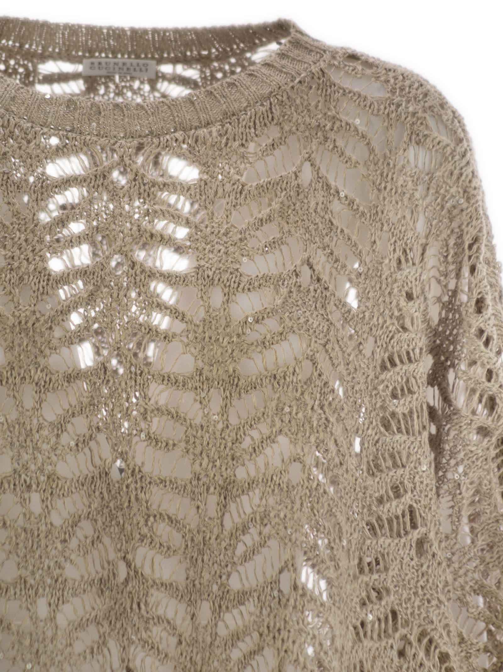Brunello Cucinelli Women Foliage Lace Knitted Poncho In Linen And Diamond Silk
