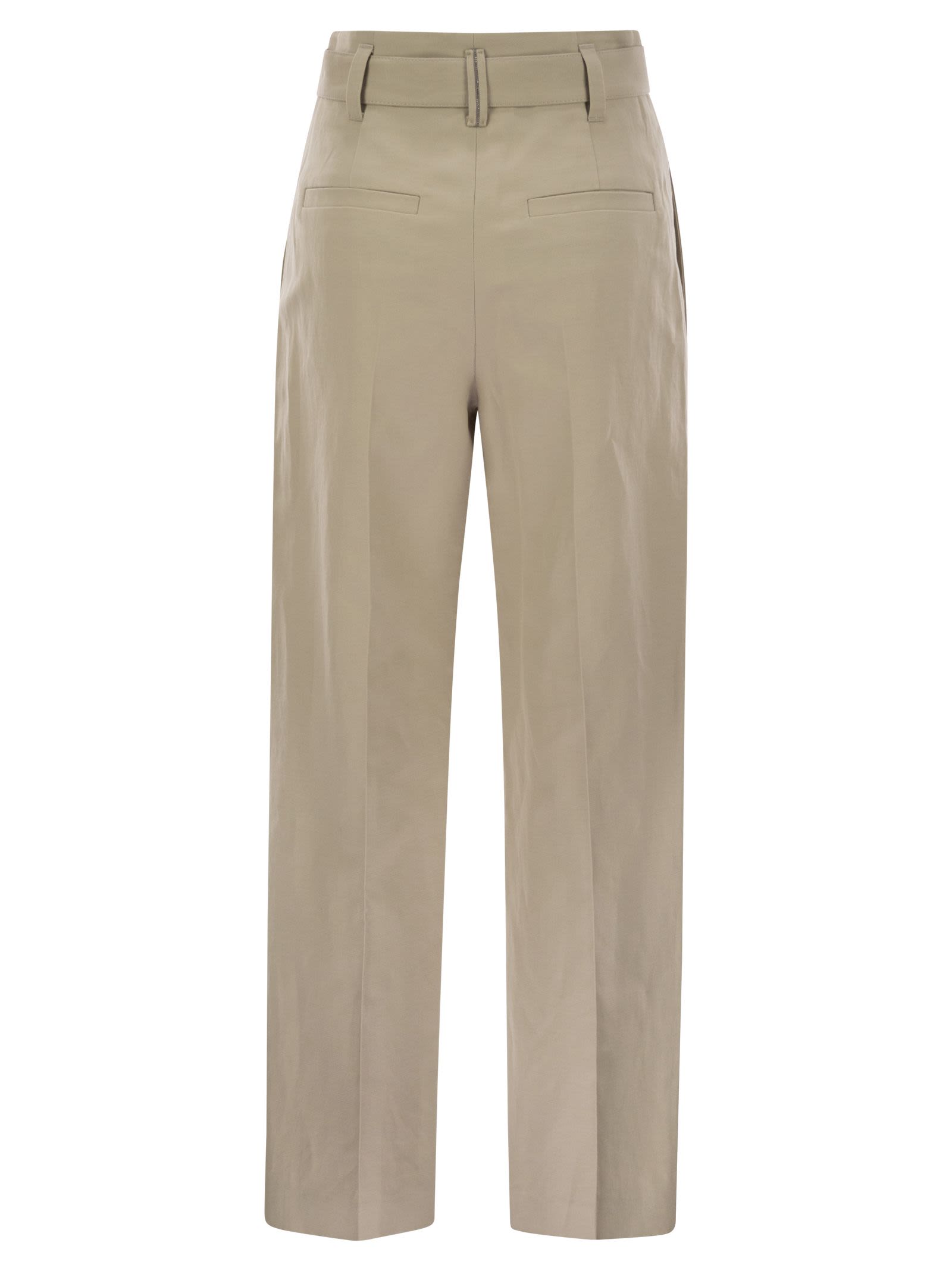Brunello Cucinelli Women Cotton Linen Canvas Corset Cigarette Trousers With Jewellery