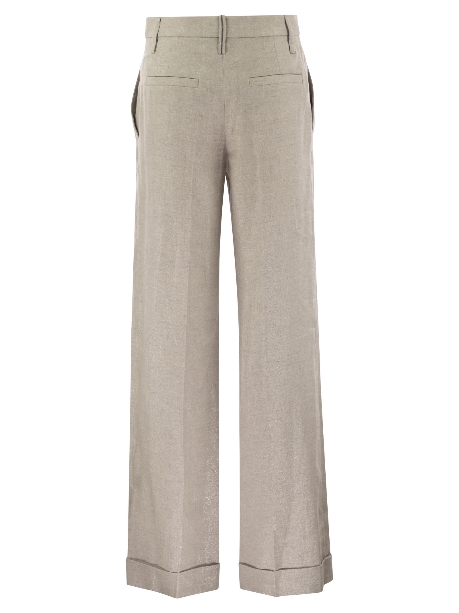 Brunello Cucinelli Women Flared Loose-Fitting Trousers In Sparkling Linen Twill With Necklace