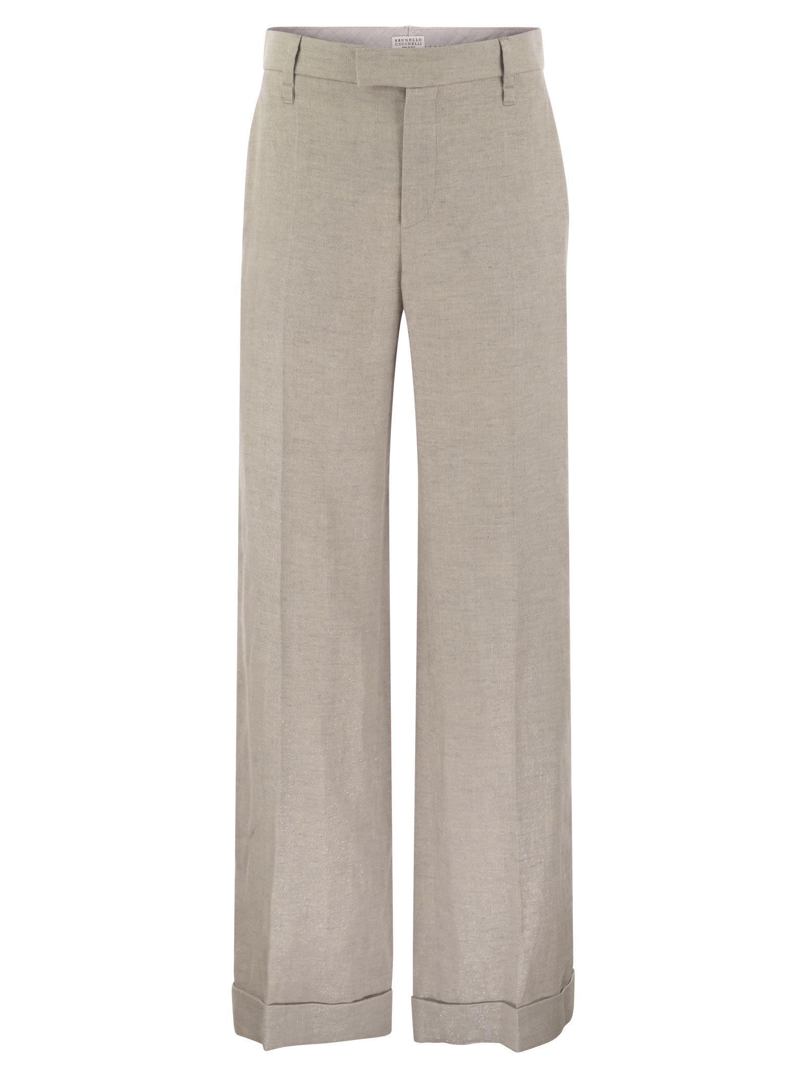 Brunello Cucinelli Women Flared Loose-Fitting Trousers In Sparkling Linen Twill With Necklace