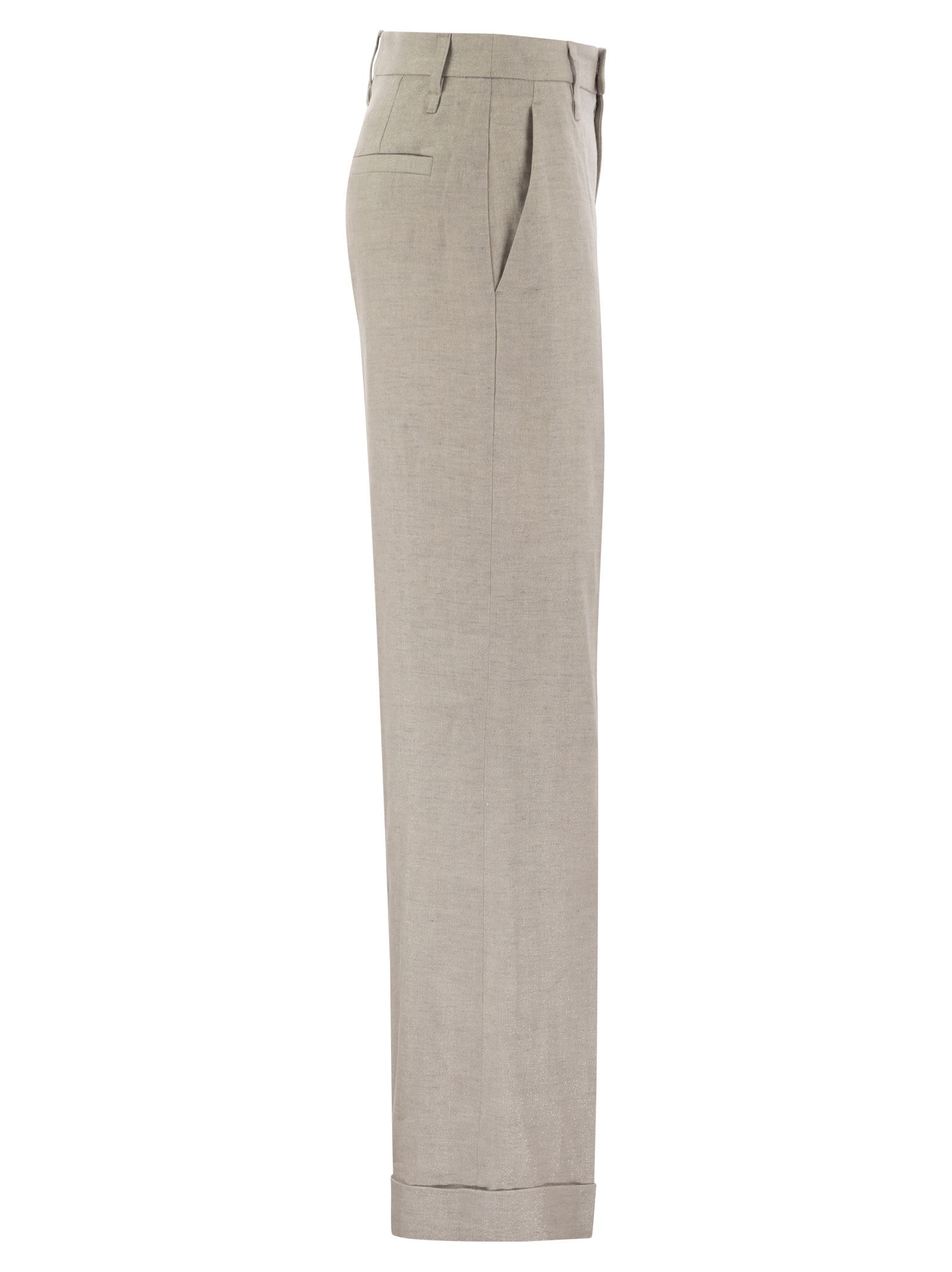 Brunello Cucinelli Women Flared Loose-Fitting Trousers In Sparkling Linen Twill With Necklace
