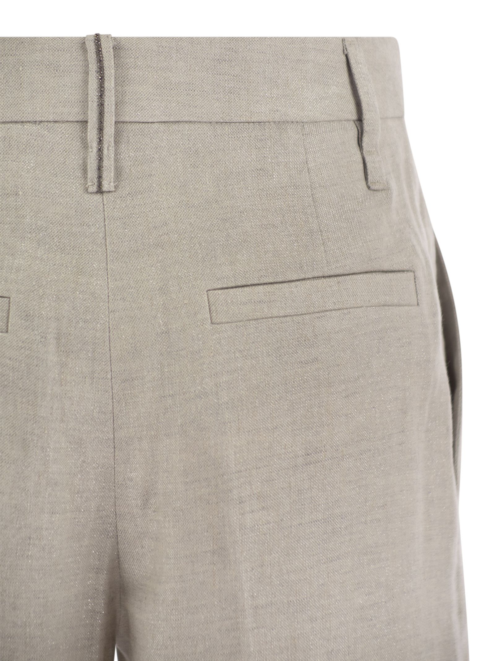 Brunello Cucinelli Women Flared Loose-Fitting Trousers In Sparkling Linen Twill With Necklace