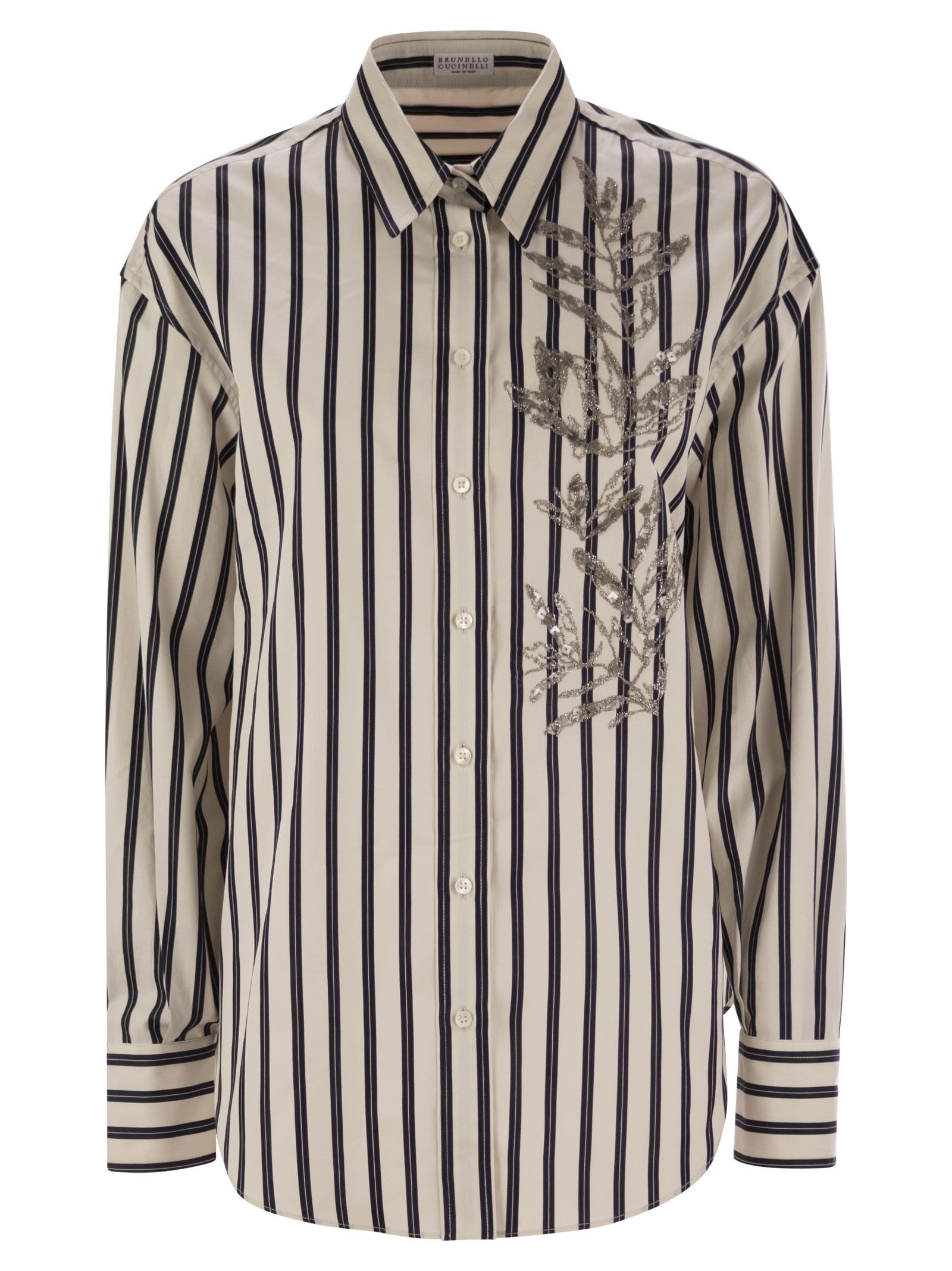 Brunello Cucinelli Women Regimental Cotton And Silk Poplin Shirt With Glistening Herbarium Embroidery