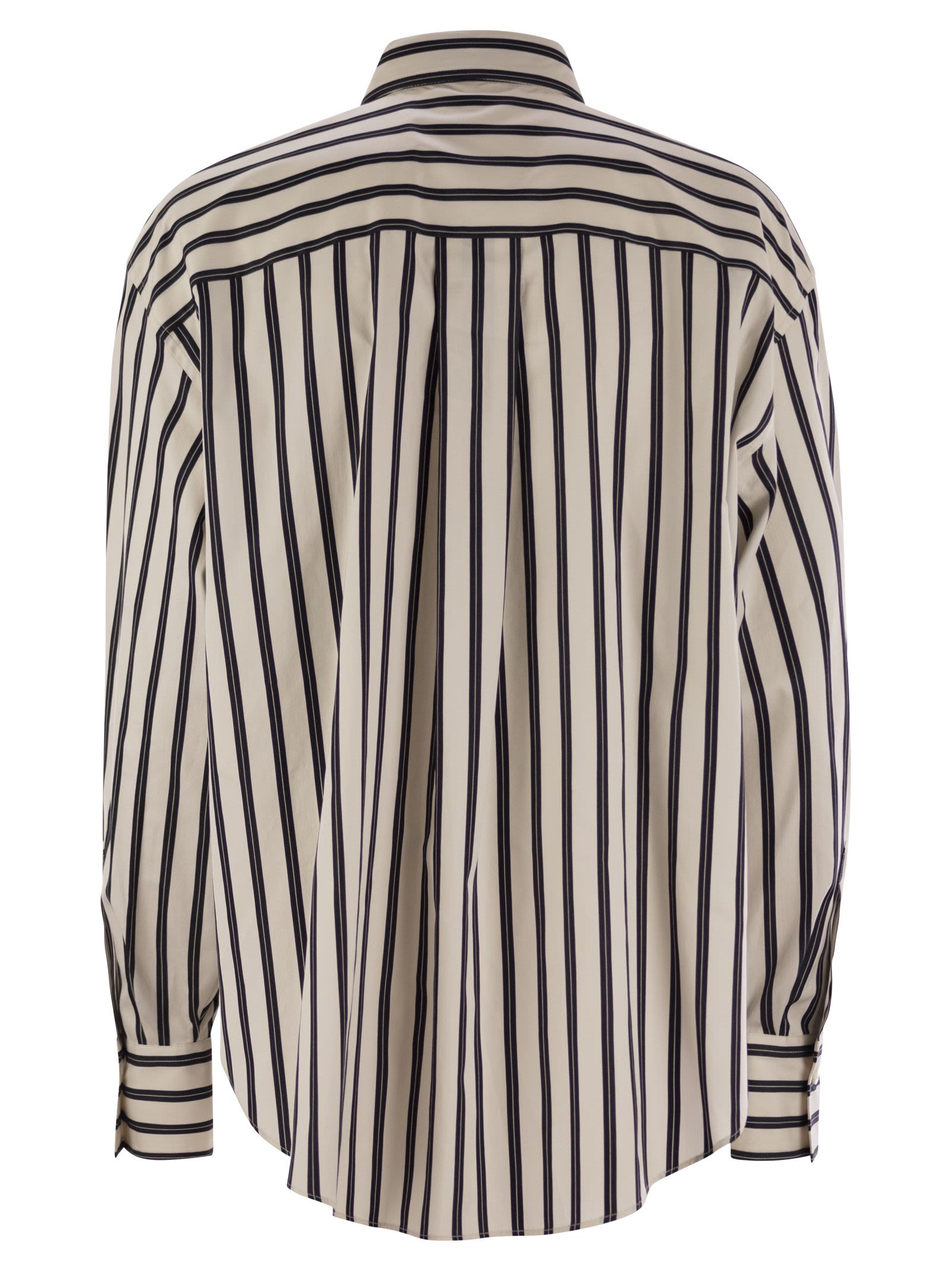 Brunello Cucinelli Women Regimental Cotton And Silk Poplin Shirt With Glistening Herbarium Embroidery