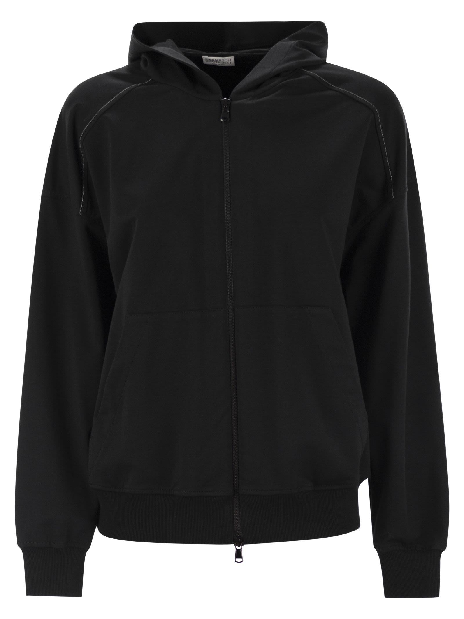 Brunello Cucinelli Women Lightweight Stretch Cotton Fleece Topwear With Zip, Hood And Shiny Trims