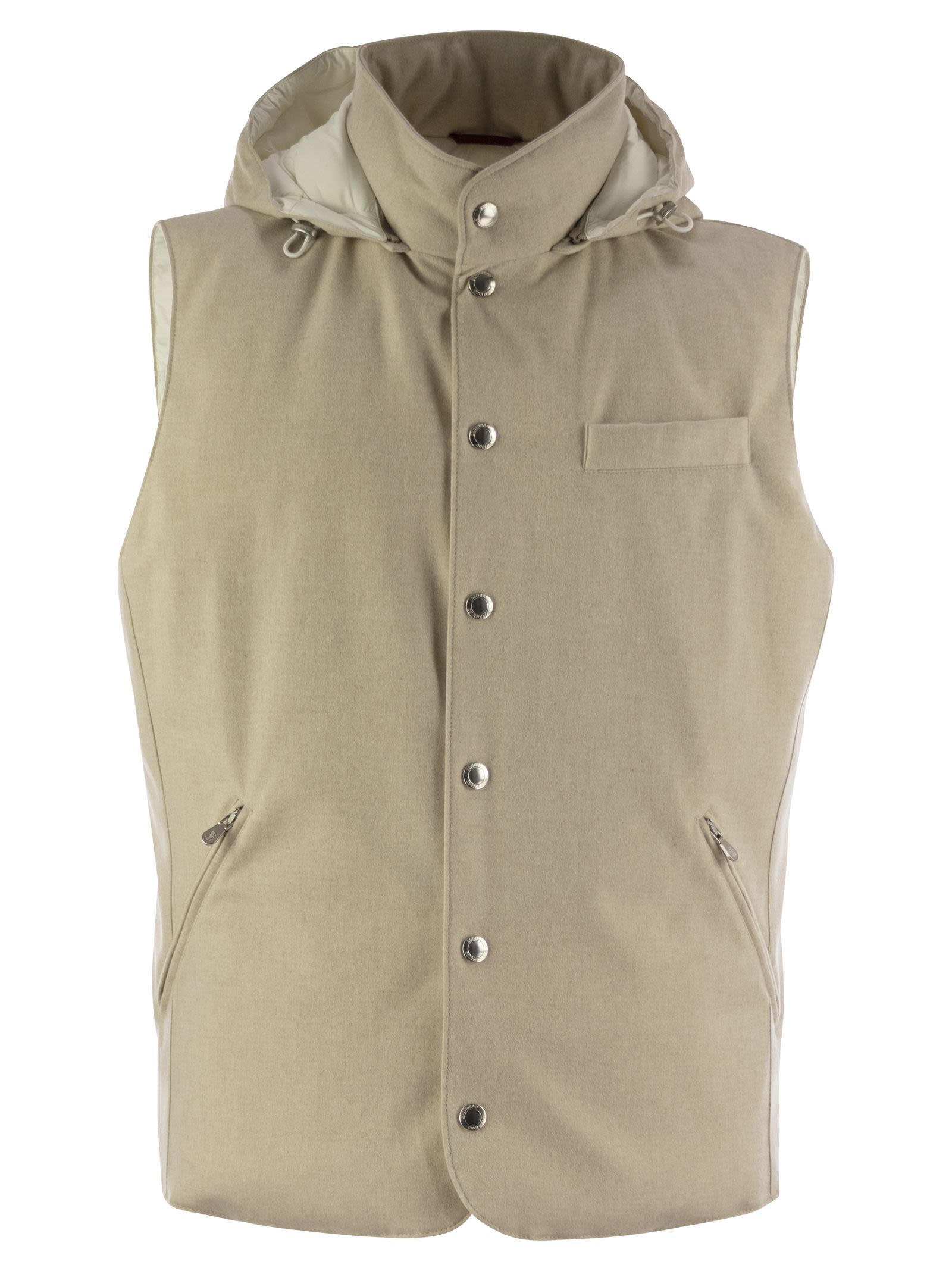 Brunello Cucinelli Men Sleeveless Down Jacket In Membraned Wool Flannel With Detachable Hood