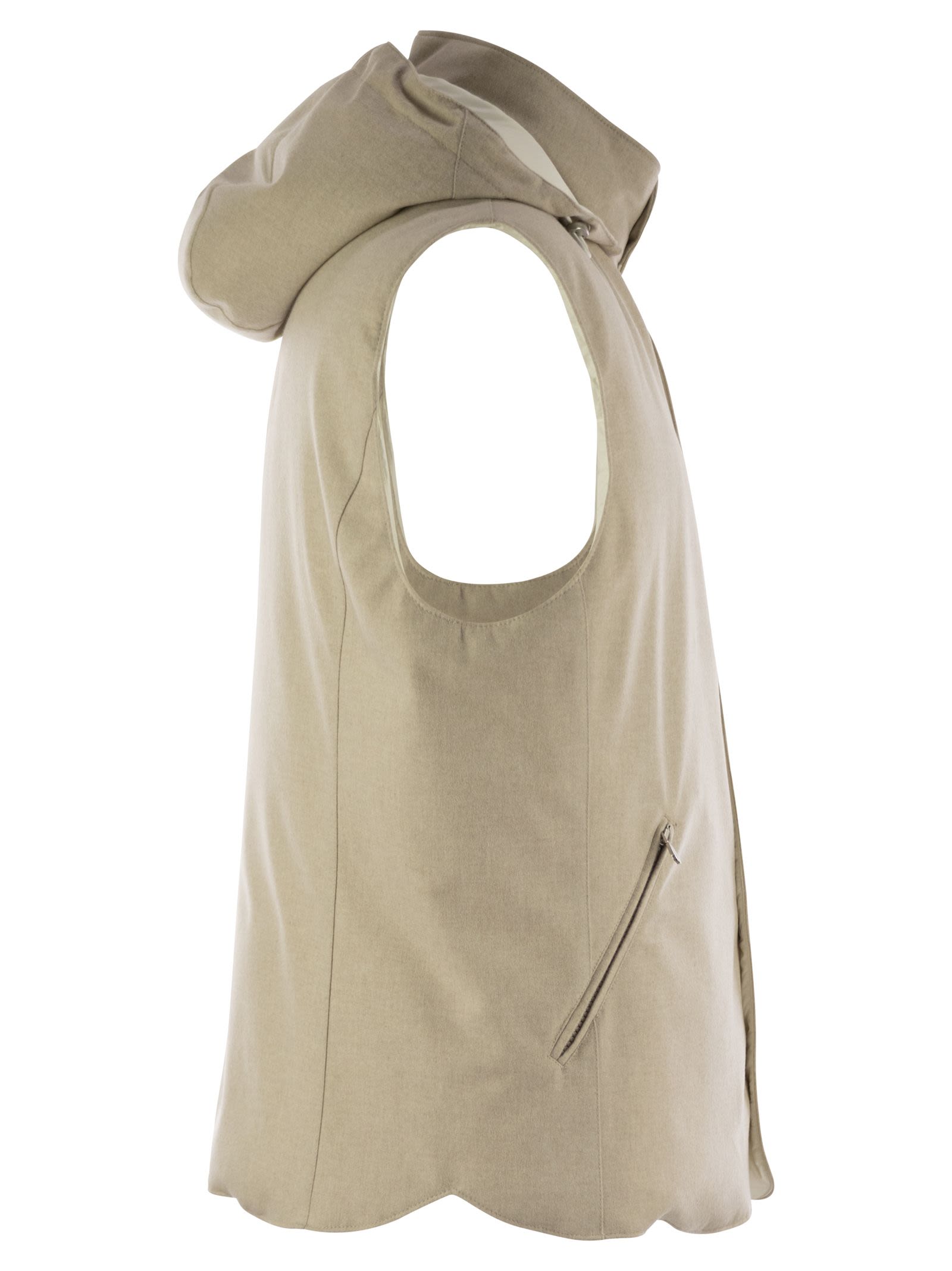 Brunello Cucinelli Men Sleeveless Down Jacket In Membraned Wool Flannel With Detachable Hood