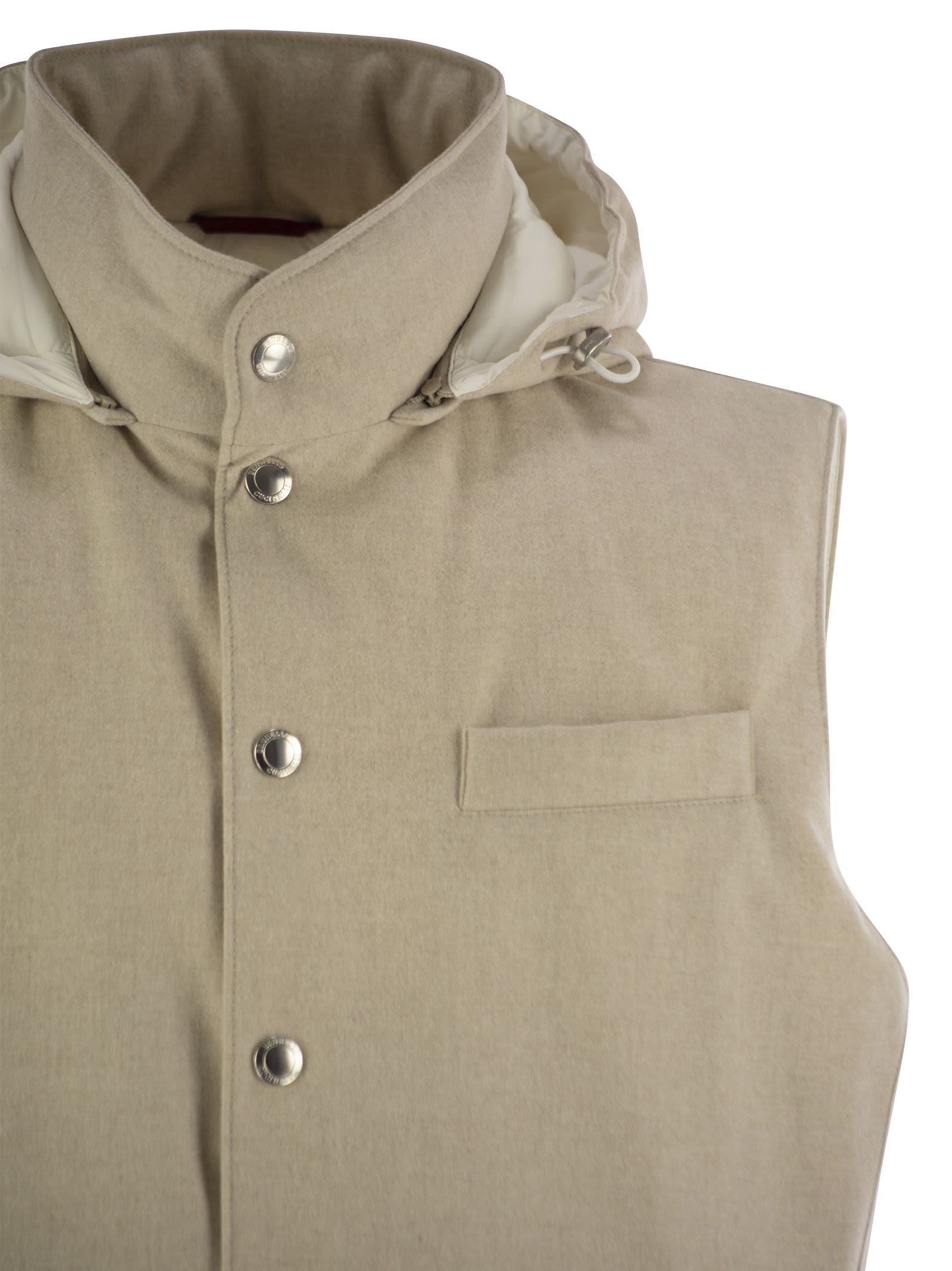 Brunello Cucinelli Men Sleeveless Down Jacket In Membraned Wool Flannel With Detachable Hood