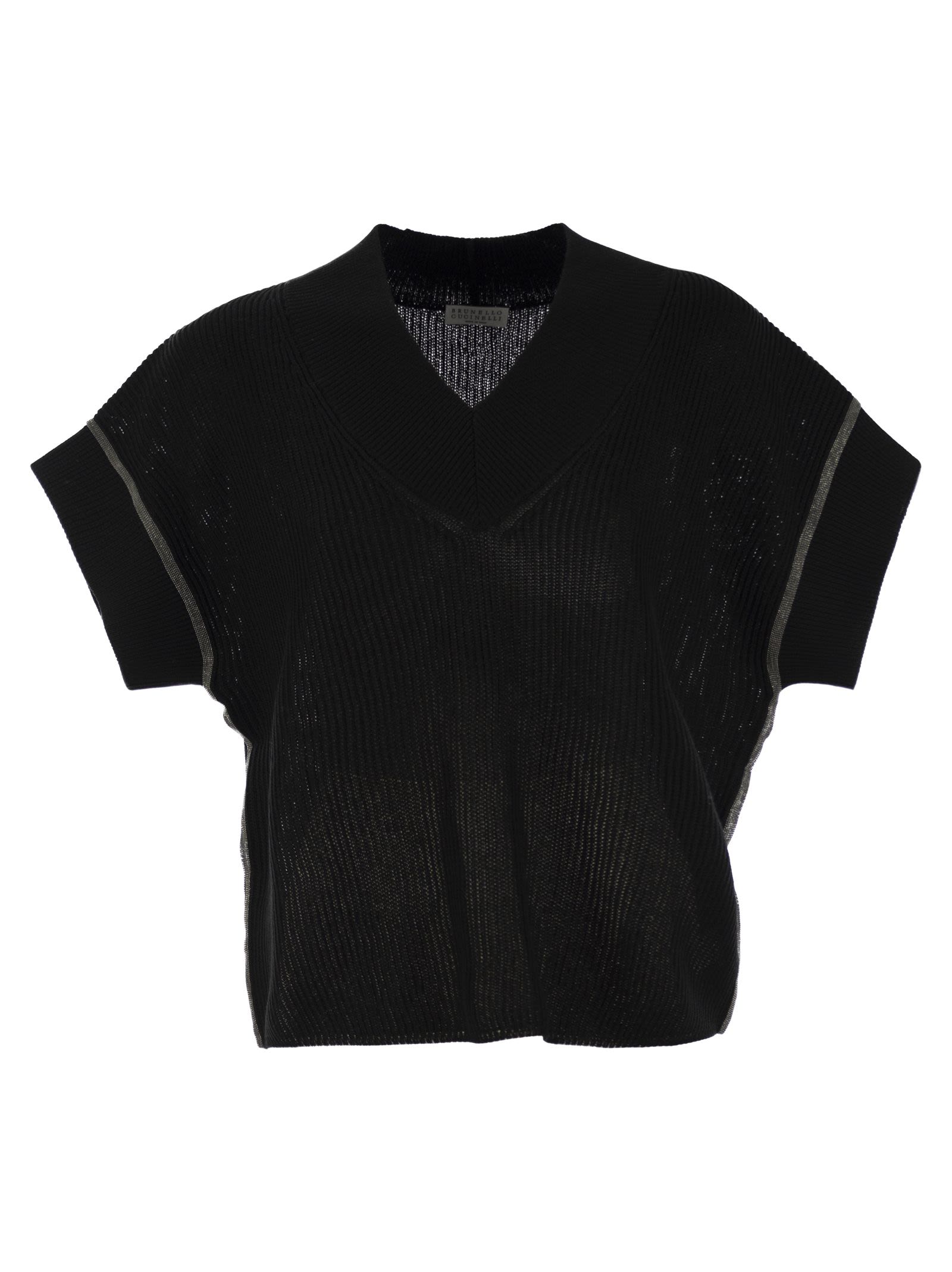 Brunello Cucinelli Women Cotton Rib Knit T-Shirt With Precious Trims