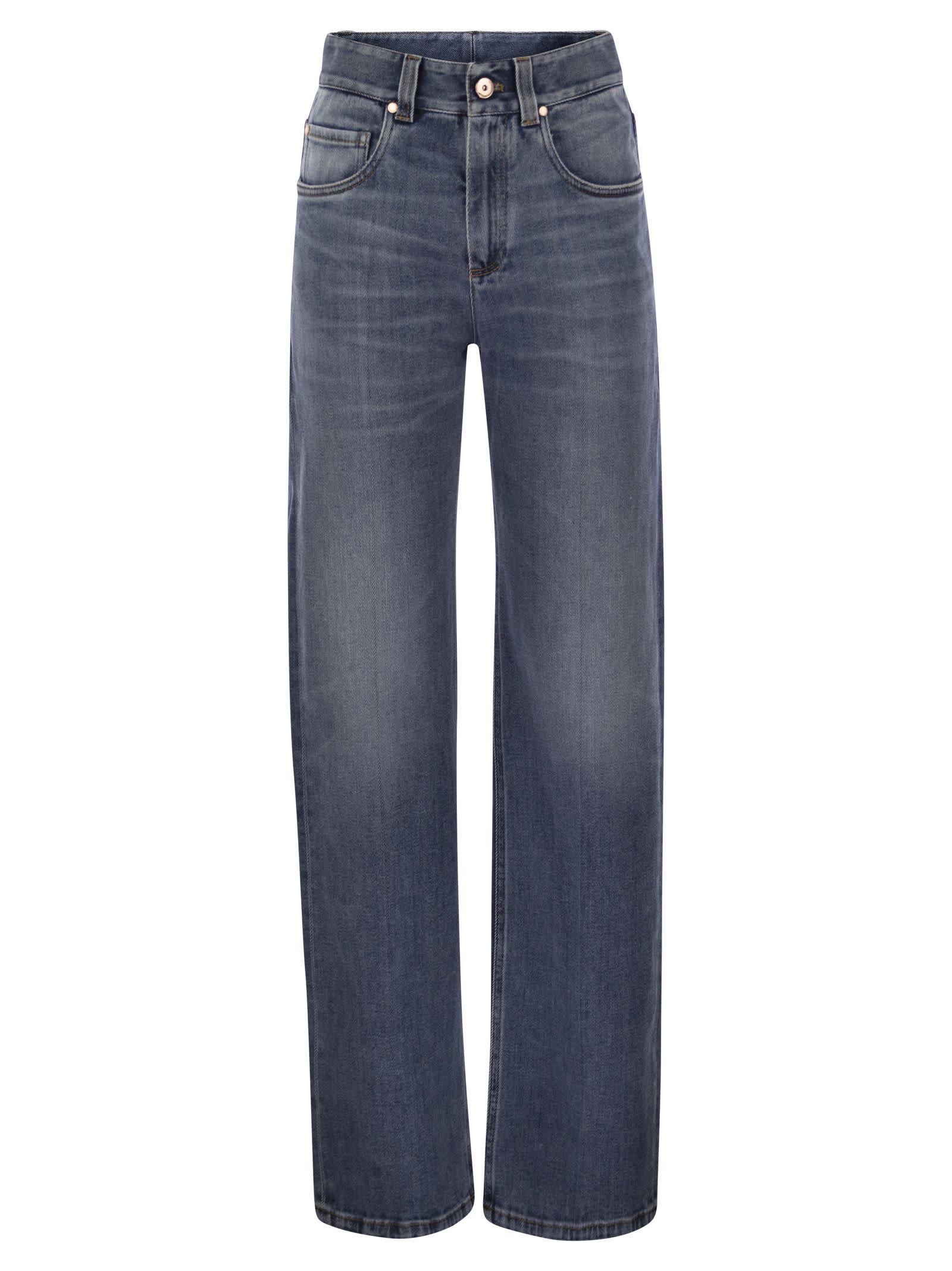 Brunello Cucinelli Women Contemporary Loose Trousers In Comfort Cotton Denim With Jewellery
