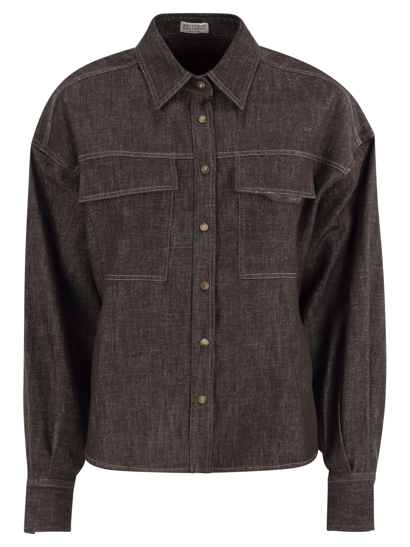 Brunello Cucinelli Women Sparkling No-Fade Denim Shirt With Shiny Flap Detail