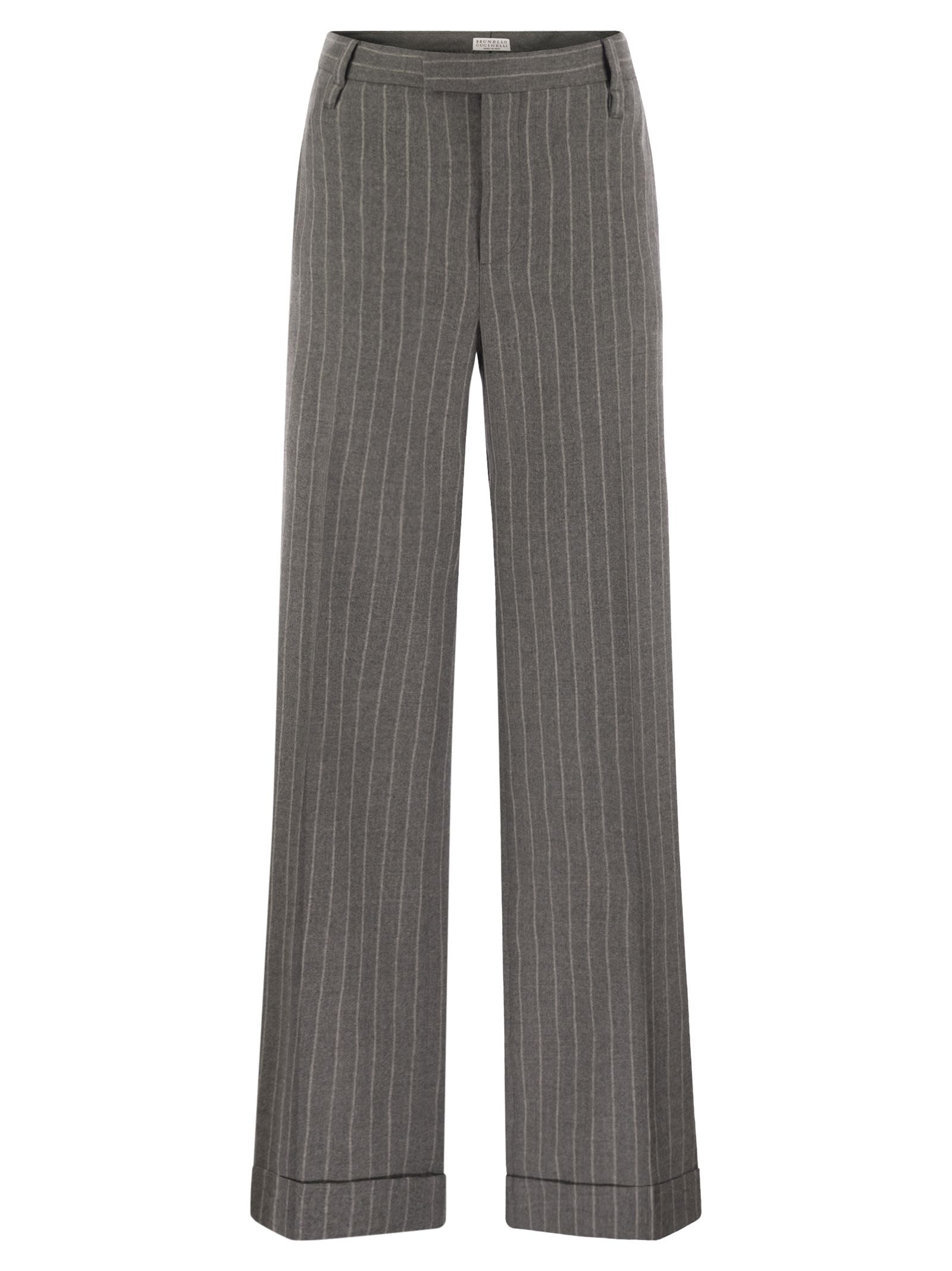Brunello Cucinelli Women Loose Flared Trousers In Virgin Wool Mouliné Pinstripe With Beadwork
