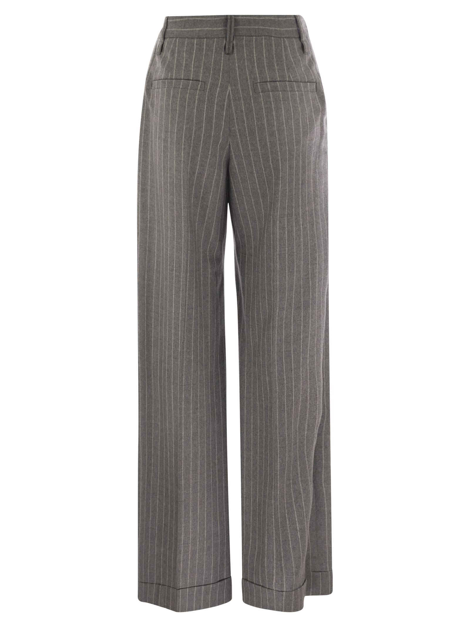 Brunello Cucinelli Women Loose Flared Trousers In Virgin Wool Mouliné Pinstripe With Beadwork