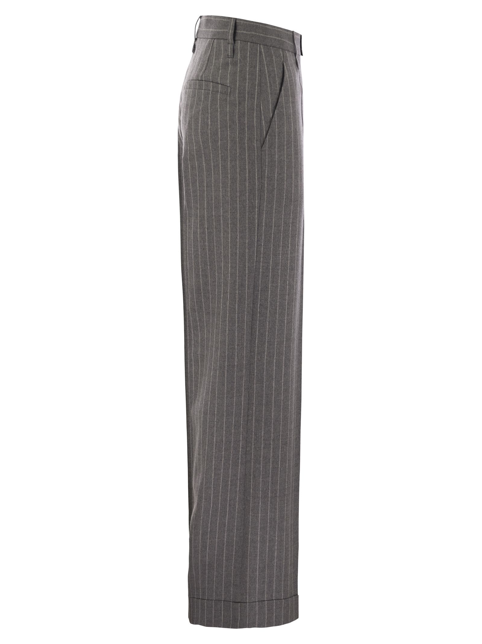 Brunello Cucinelli Women Loose Flared Trousers In Virgin Wool Mouliné Pinstripe With Beadwork