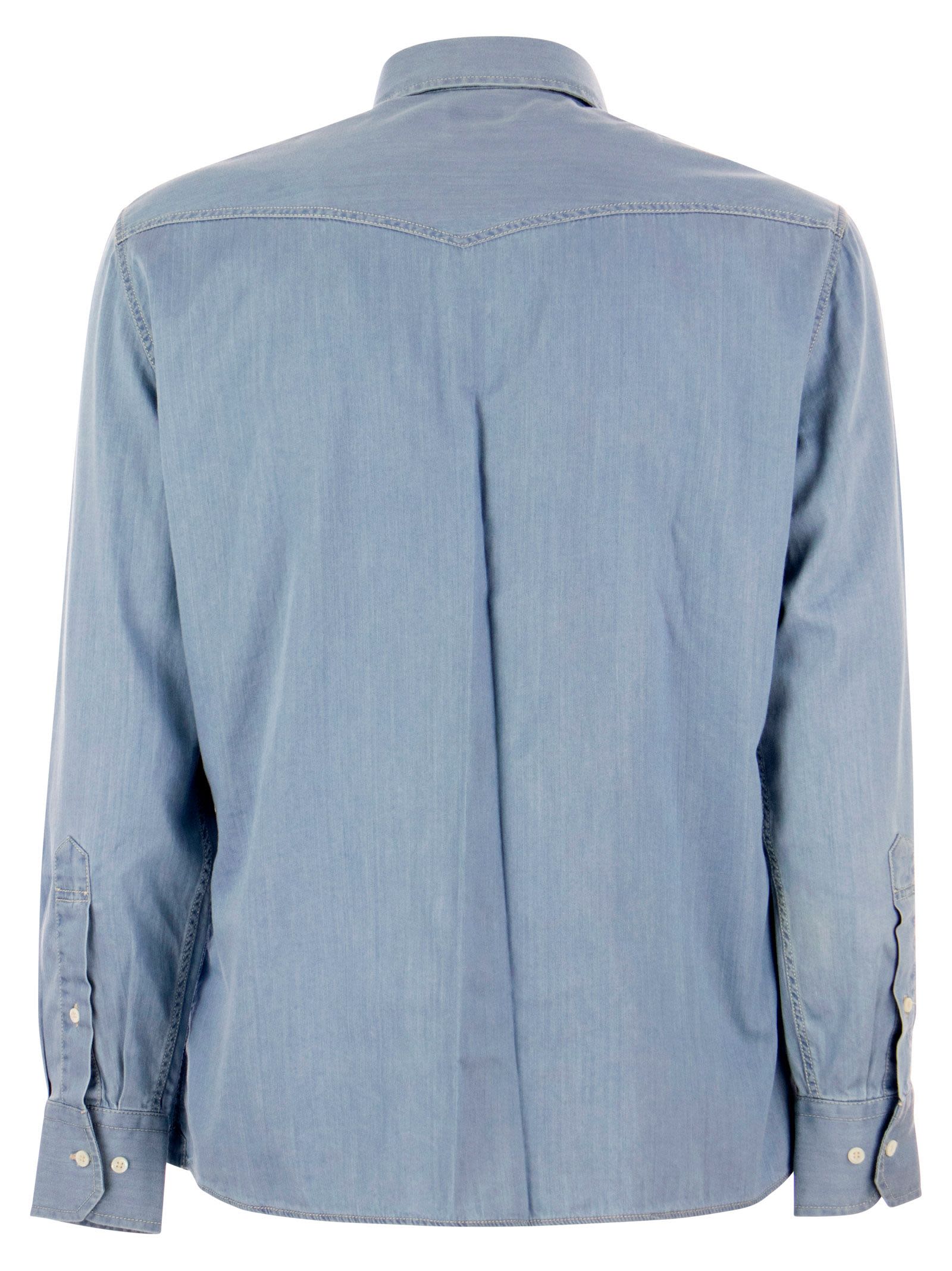 Brunello Cucinelli Men Lightweight Denim Leisure Fit Shirt With Press Studs, Epaulettes And Pockets