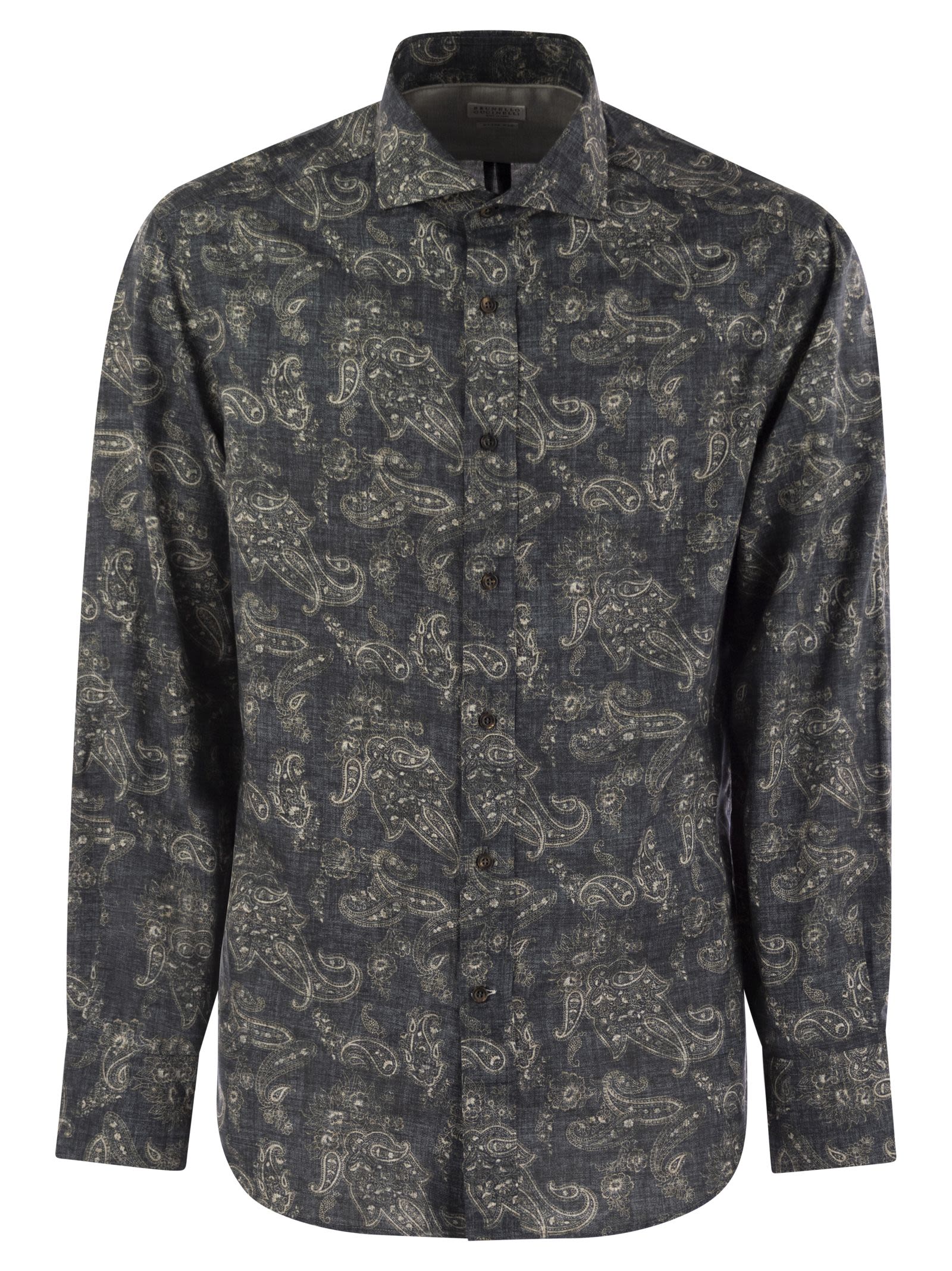 Brunello Cucinelli Men Slim Fit Cotton Paisley Canvas Shirt