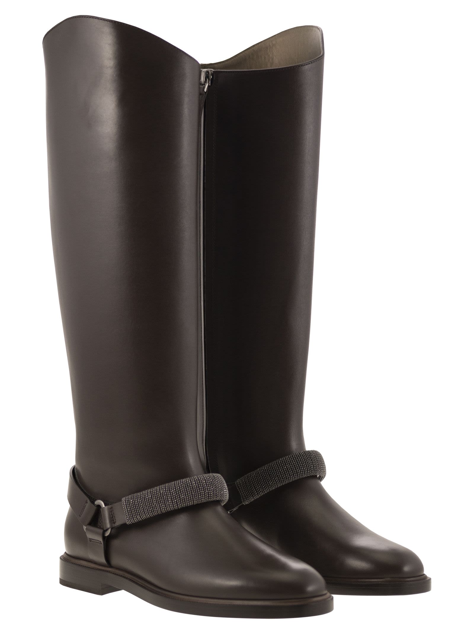 Brunello Cucinelli Women Mat Calf Boots With Precious Ribbed Strap