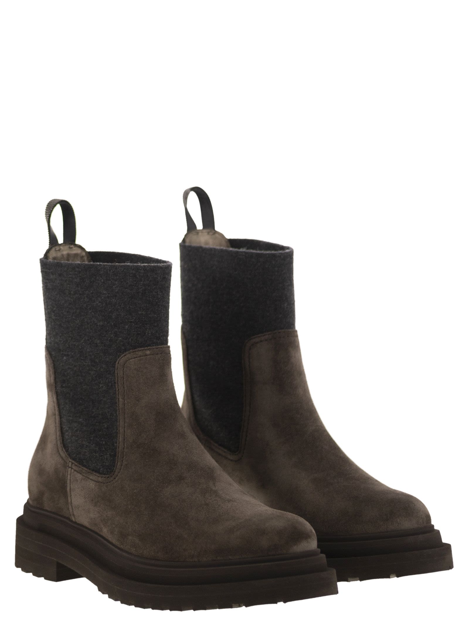 Brunello Cucinelli Women Suede Boot With Knitted Insert And Precious Loop Detail