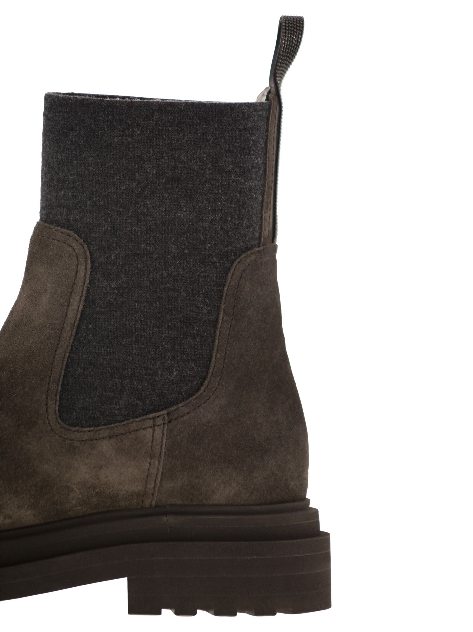 Brunello Cucinelli Women Suede Boot With Knitted Insert And Precious Loop Detail