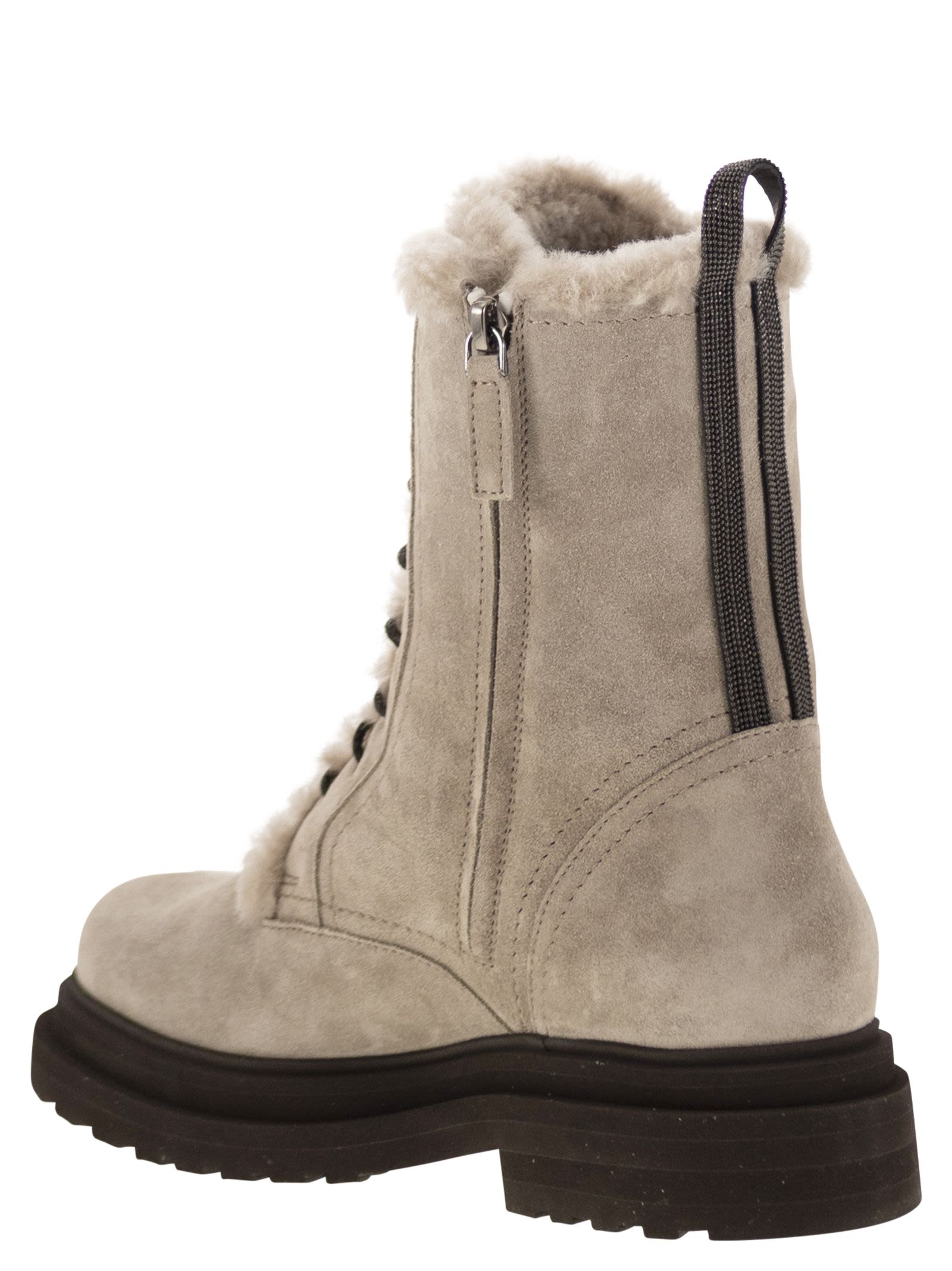 Brunello Cucinelli Women Suede Boot With Shearling Lining And Shiny Loop Detail