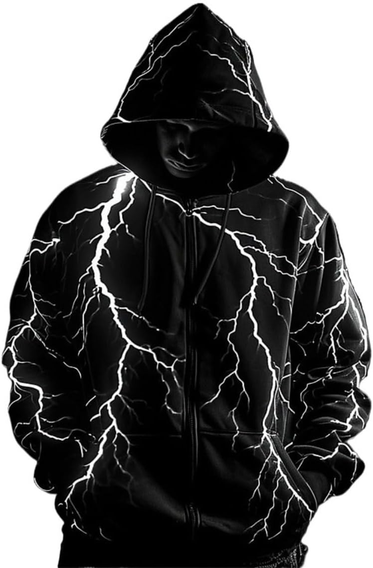 Autumn and winter new lightning pattern zipper hoodie men's fashion long sleeve 3D printed zipper sweater