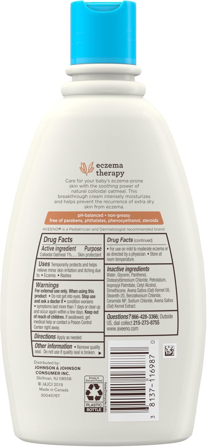 Aveeno Baby Eczema Therapy Moisturizing Cream, Natural Colloidal Oatmeal & Vitamin B5, Baby Cream for Dry, Itchy, Irritated Skin Due to Eczema, Paraben- & Steroid-Free, 12 fl. oz