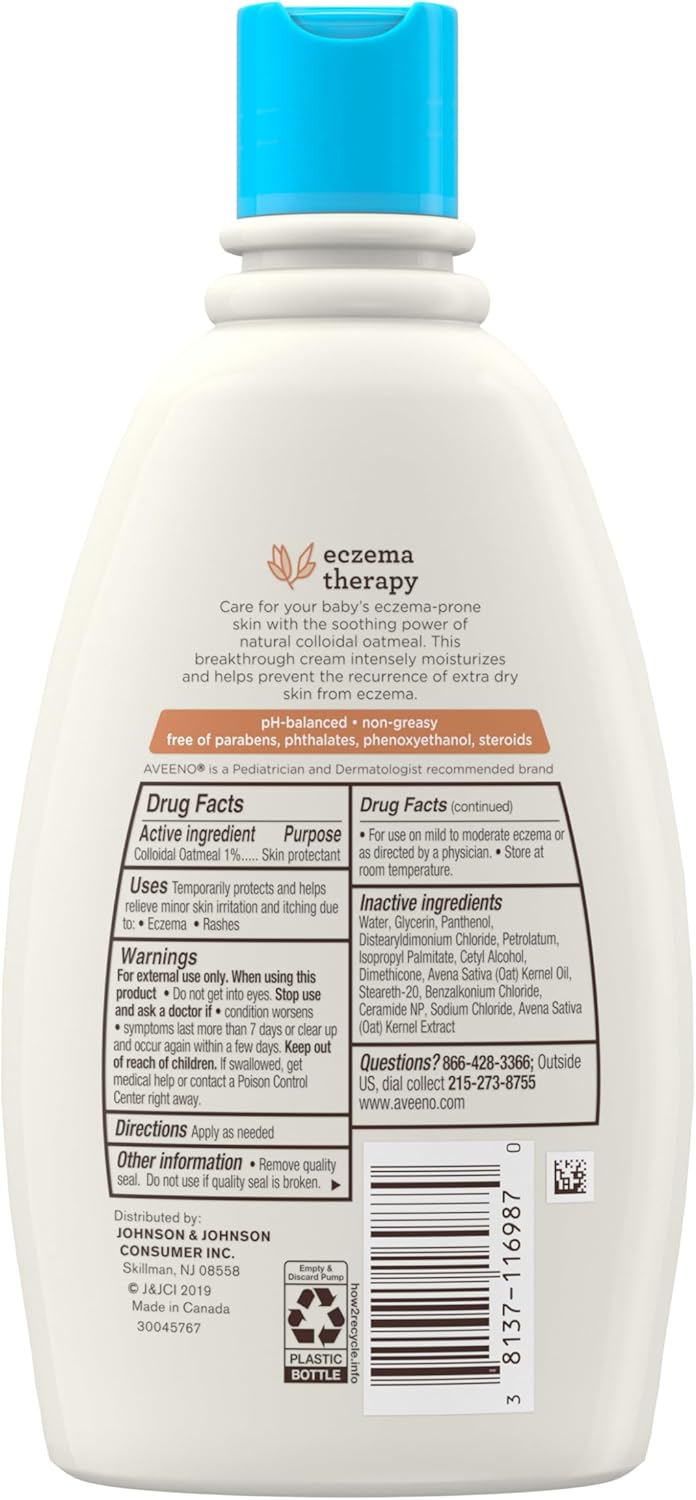 Aveeno Baby Eczema Therapy Moisturizing Cream, Natural Colloidal Oatmeal & Vitamin B5, Baby Cream for Dry, Itchy, Irritated Skin Due to Eczema, Paraben- & Steroid-Free, 12 fl. oz