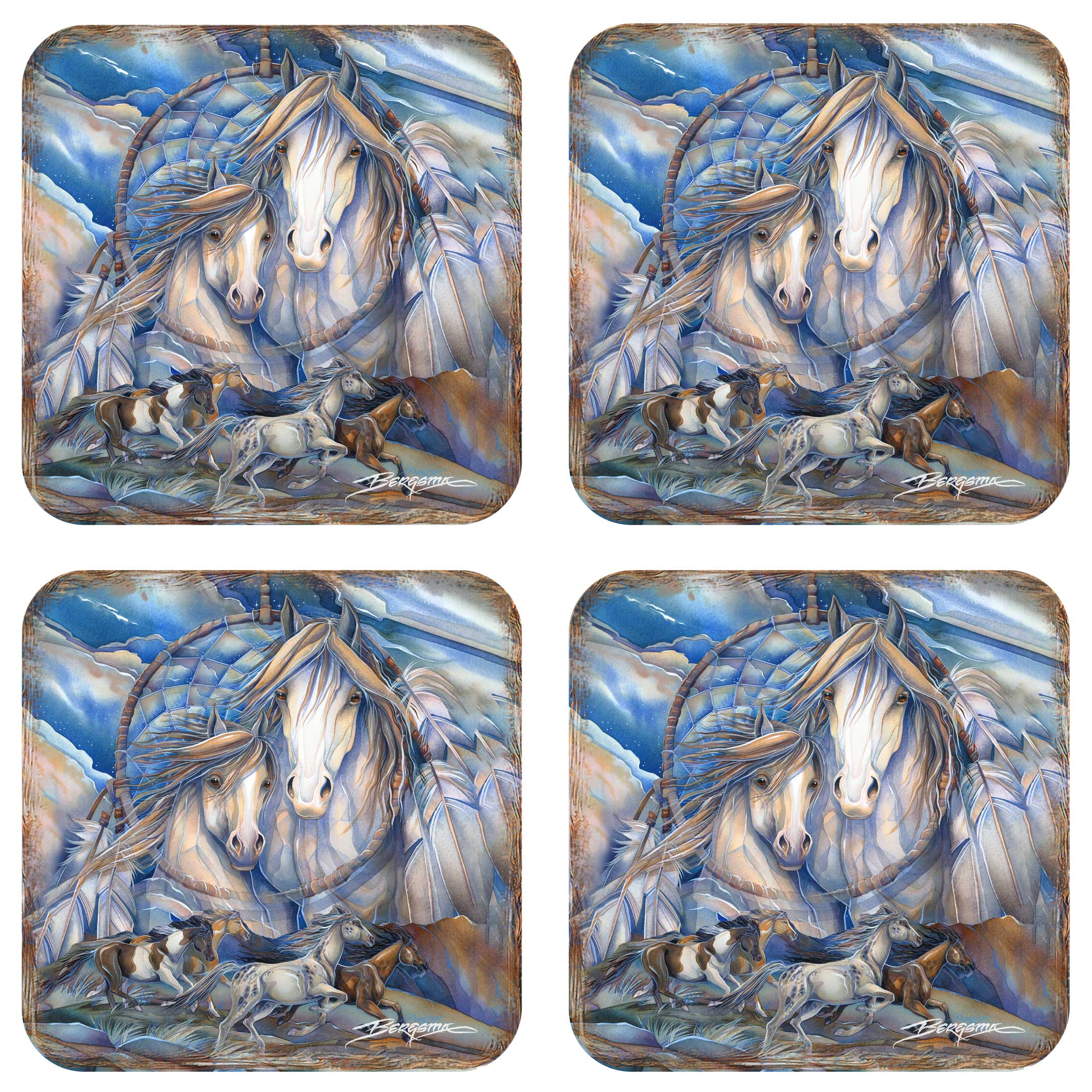 Mustangs Dream Catcher Wooden Cork Coasters Gift Set of 4 by J. Bergsma - Wildlife Decor - 8199469C-S4