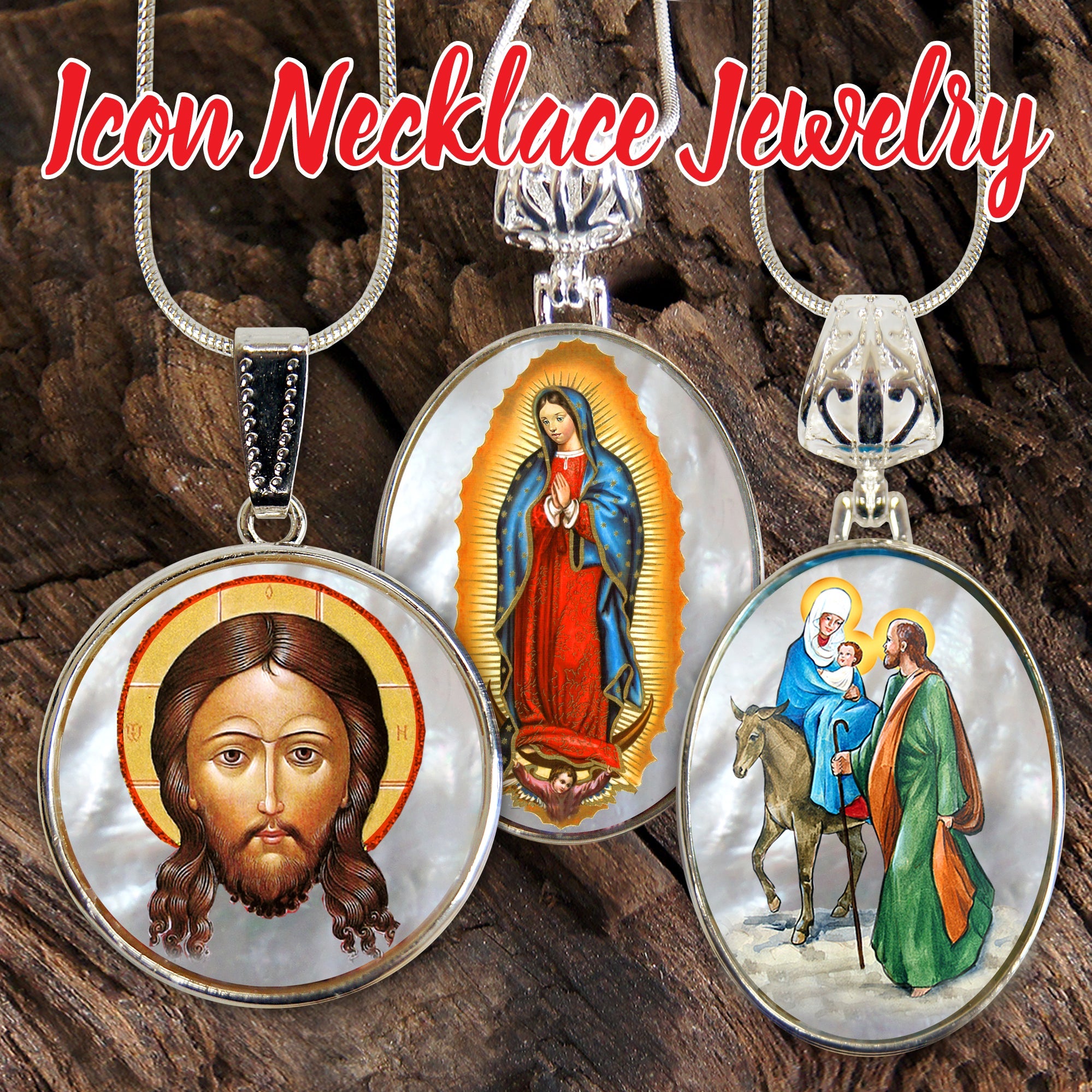 Christening Religious Jewelry Silver Plated Necklace, Gold-Plated Wooden Cabochon - Christian Sacred Icon - Inspirational Icon Decor - 43043R