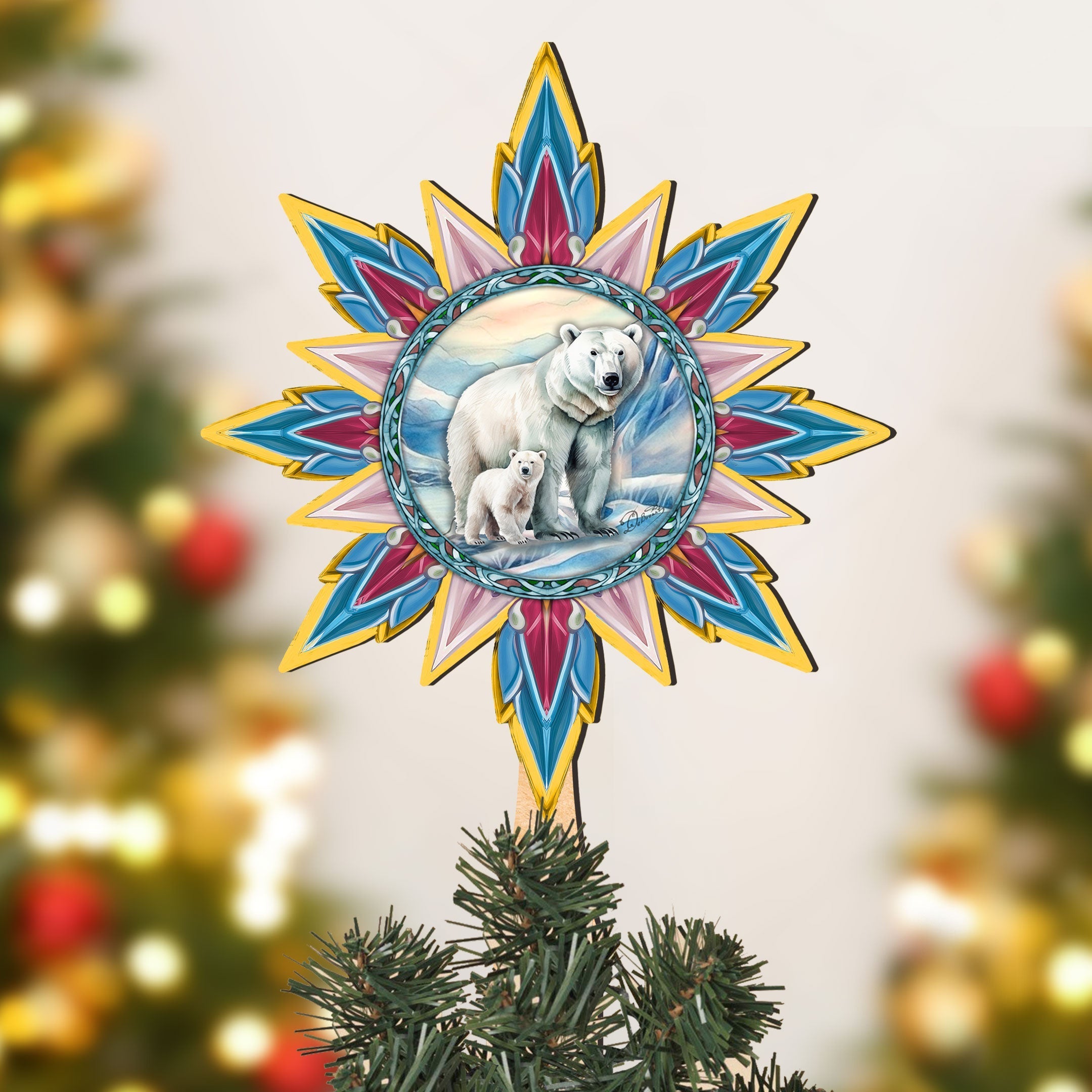 Polar Bear with Cub Star Tree Topper Wooden Decor by G. Debrekht - Wildlife Holiday Decor - 89509