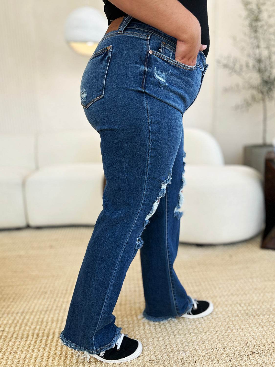 Judy Blue Full Size Mid Rise Distressed Raw Hem Women Jeans