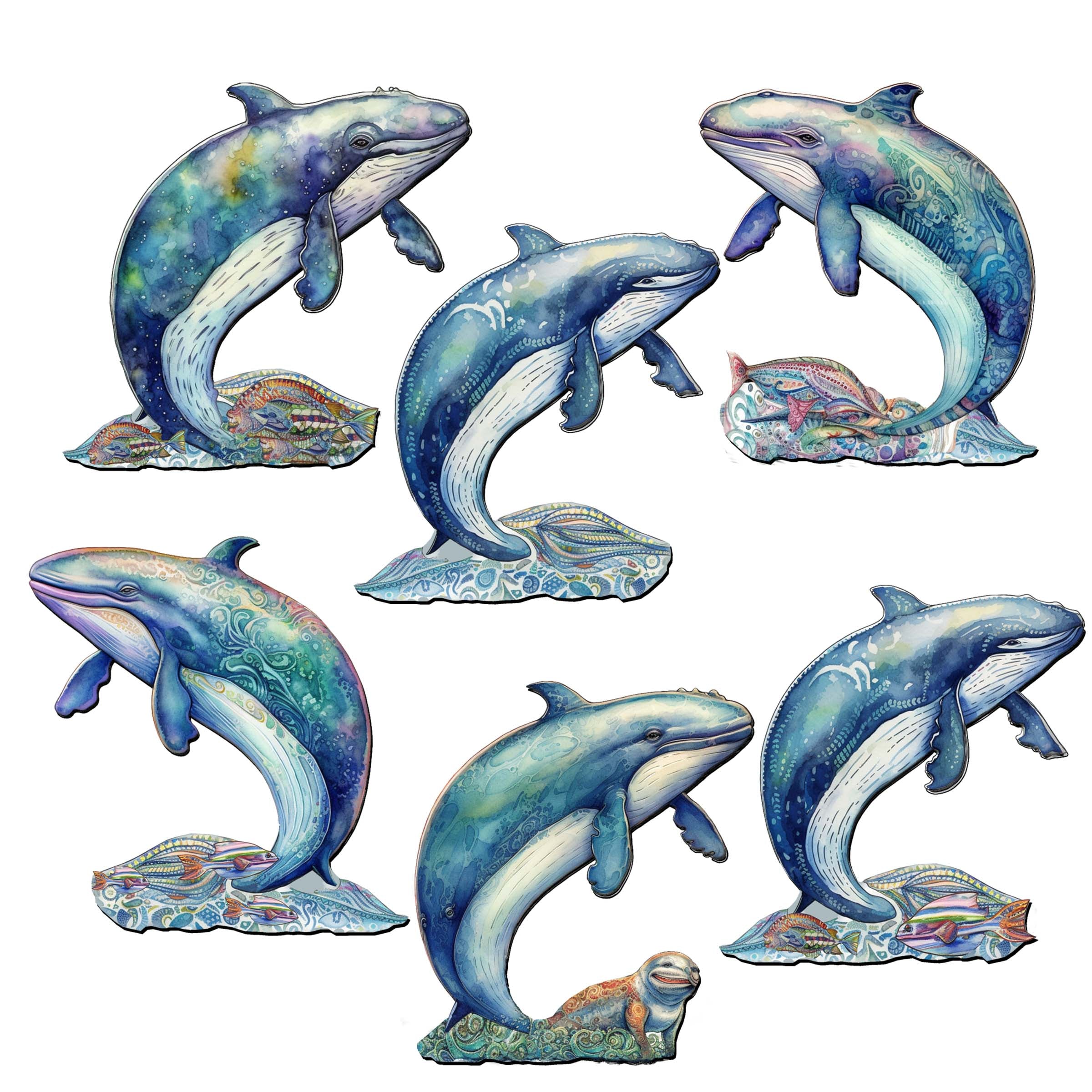 Whale's Melody Decorative Wooden Magnets Set of 6 by G. Debrekht - Wildlife Coastal Decor - 8090110G-S6