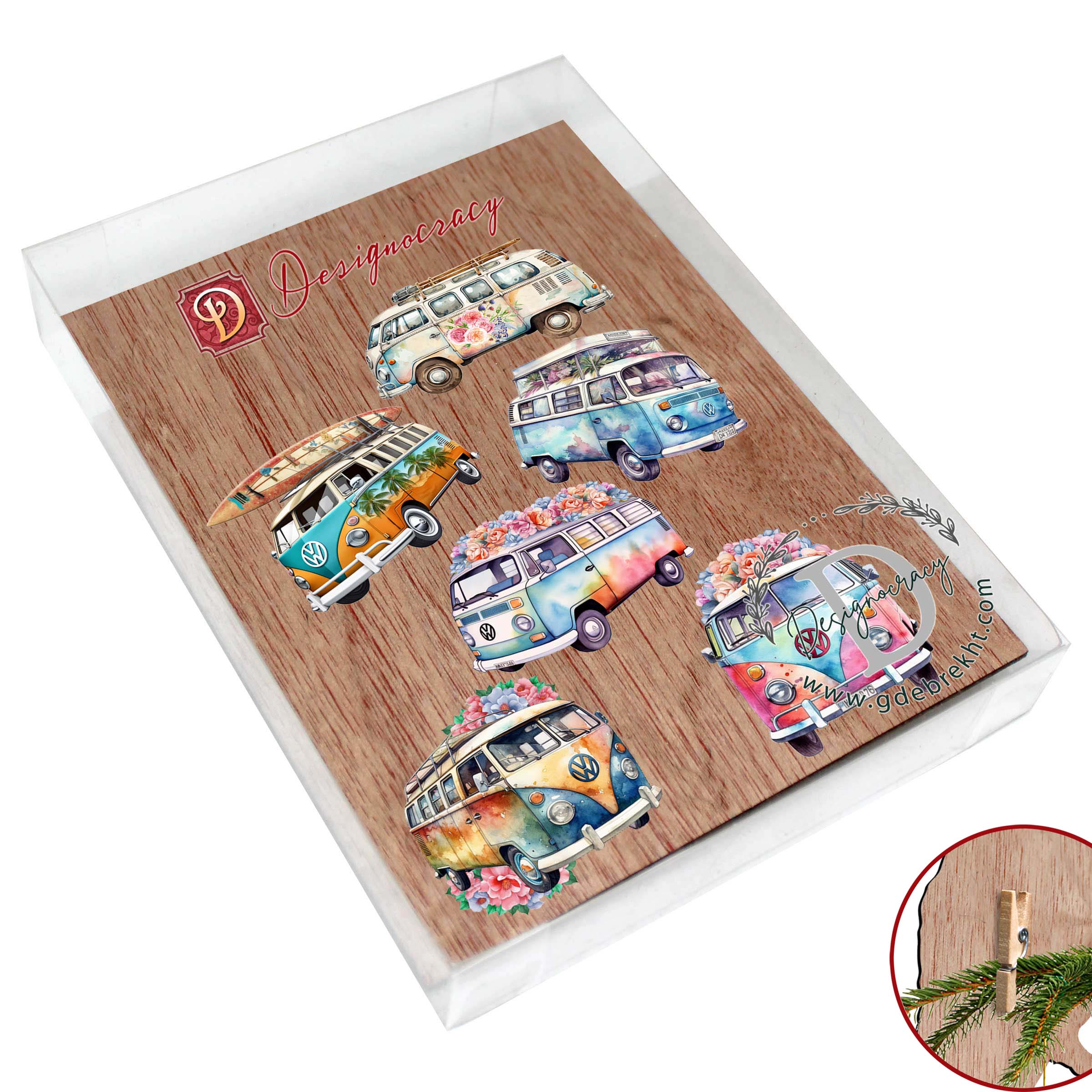 Surf Vans Decorative Wooden Clip-on Ornaments Set of 6 by G. Debrekht - Christmas Decor - 8090040C-S6