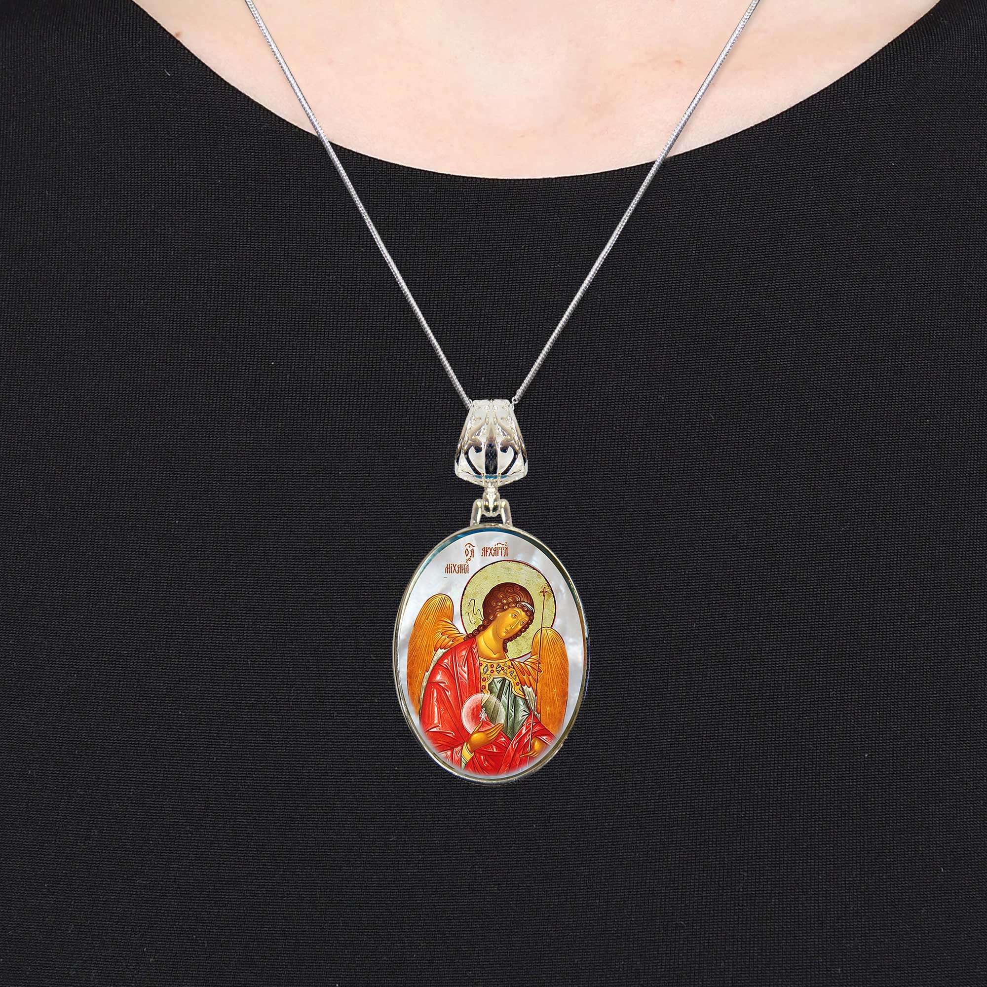 Saint Michael the Archangel Silver Plated Mother of Pearl Necklace - 43027