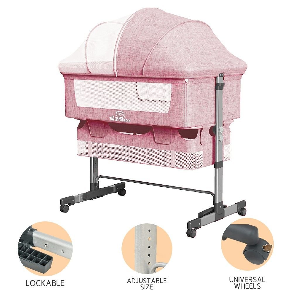 Baby Bassinet, Bedside Sleeper,Foldable Baby Bed to Bed, Adjustable Portable Bed for Infant/Baby/Newborn,with Mosquito Nets, Large Storage Bag, Comfortable Mattresses, Lockable Wheels