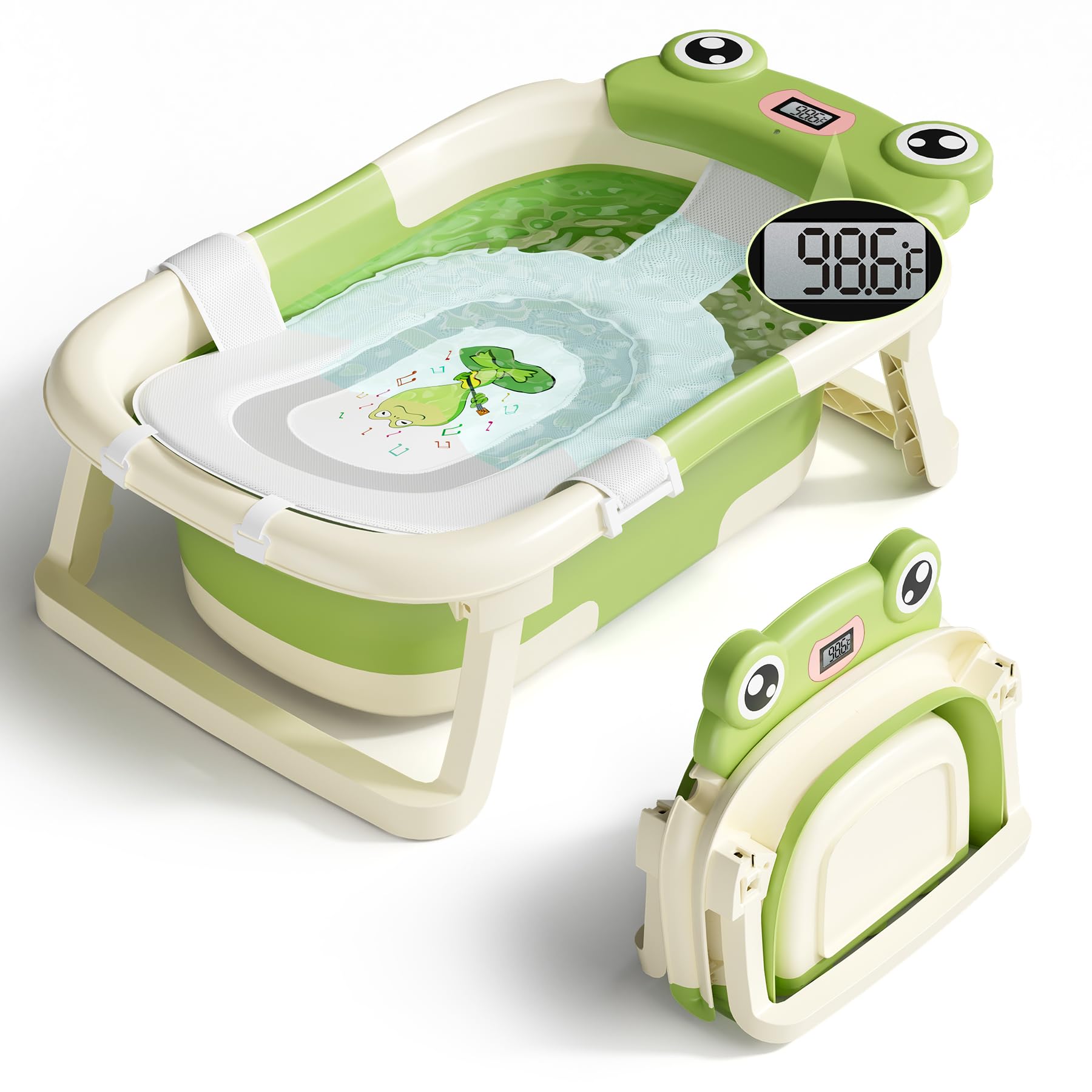 Baby Bathtub, Collapsible Newborn Bathtub for Infant to Toddler 0-24 Months with Soft Cushion and Thermometer,Portable Travel Newborn Tub with No-Slip Feet, Baby Shower Gifts,Green