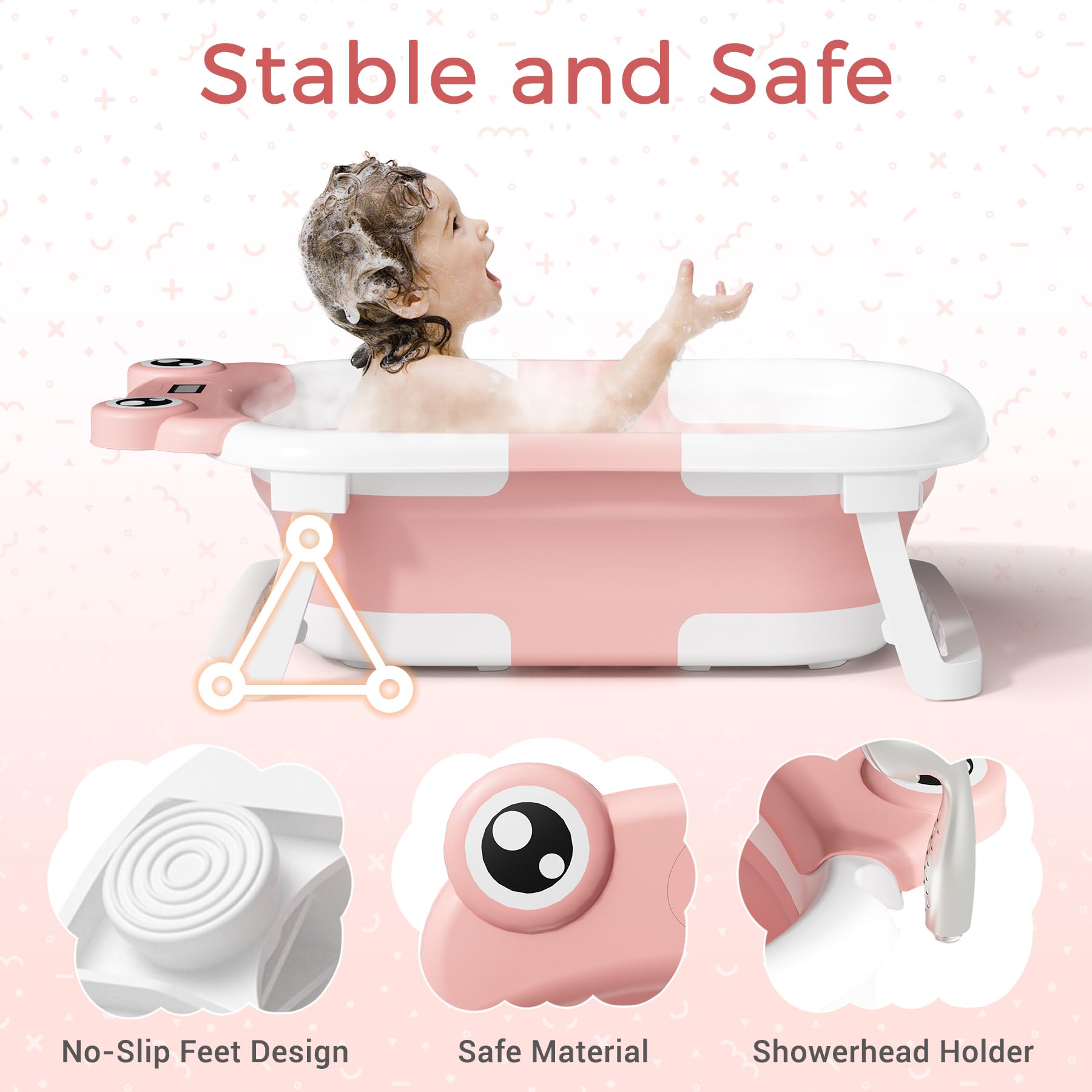 Baby Bathtub, Collapsible Newborn Bathtub for Infant to Toddler 0-24 Months with Soft Cushion and Thermometer,Portable Travel Newborn Tub with No-Slip Feet, Baby Shower Gifts,Green