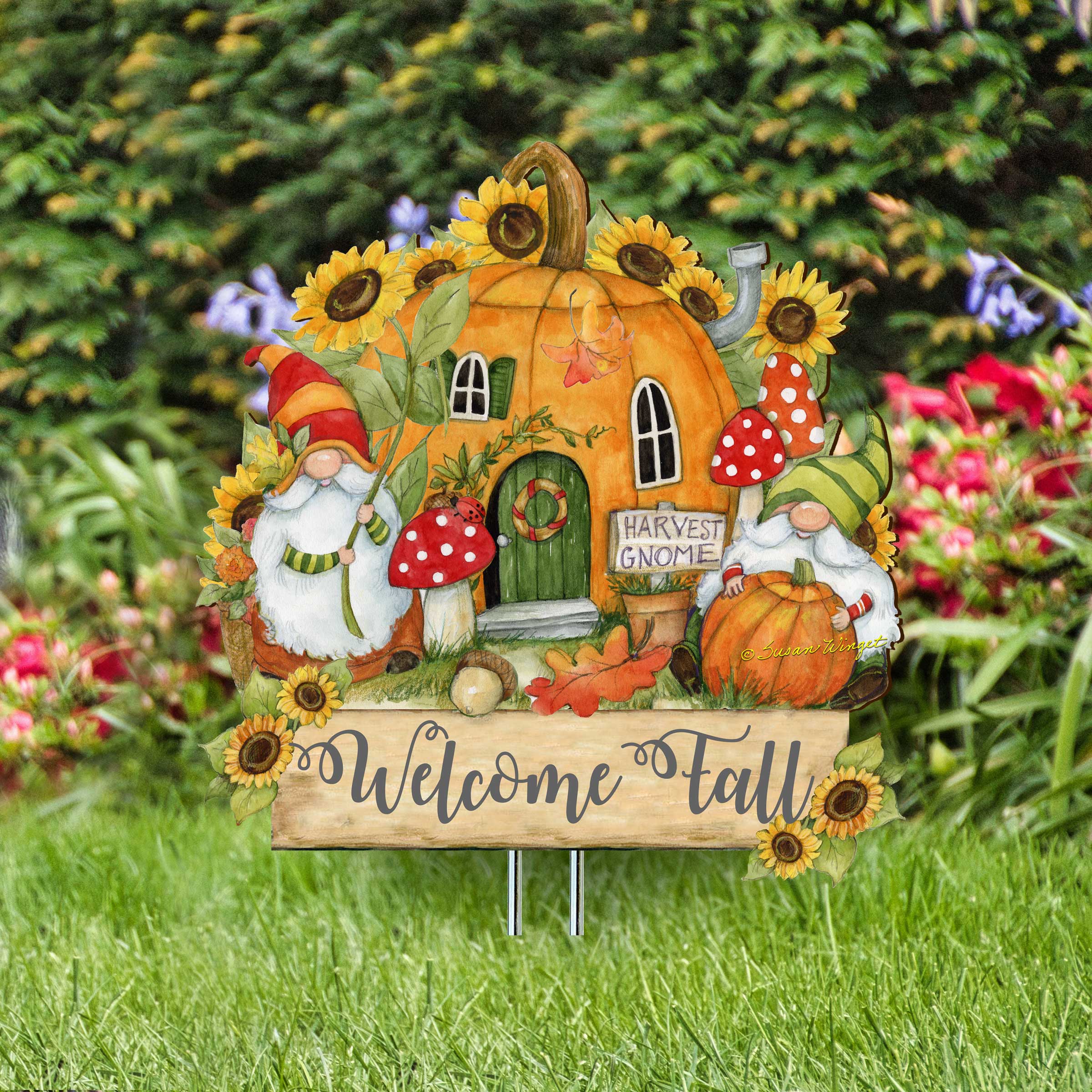 Outdoor Garden Stake Fall Decoration - Front Yard Gnome Welcome Sign - Backyard Decor - Cornucopia Garden Decor - Harvest Handmade Gift - Autumn Front Yard Decor by Susan Winget - 8471209M-SW