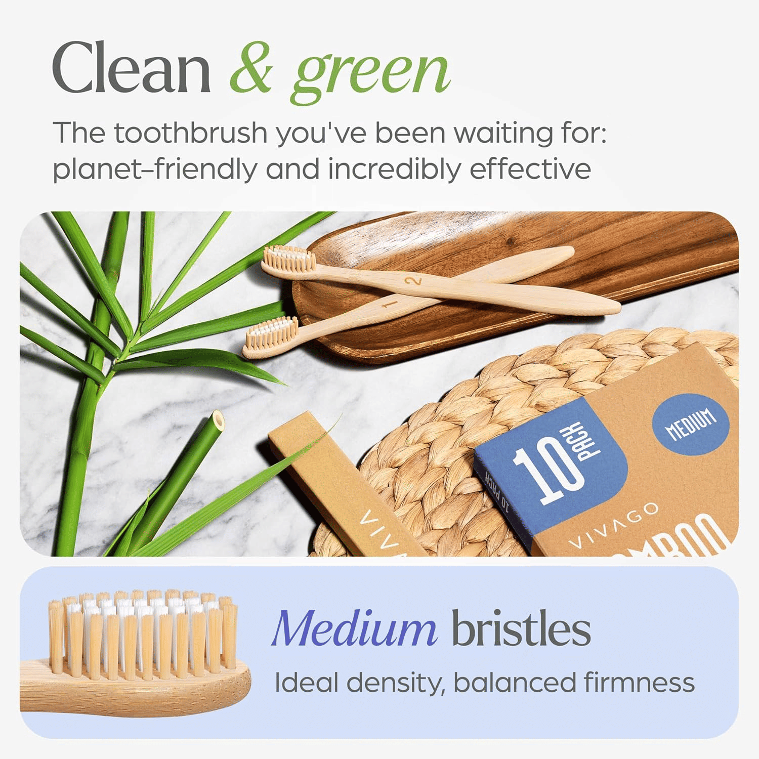 Bamboo Toothbrushes Medium Bristles 10 Pack - BPA Free Medium Bristles Toothbrushes for Adults | Eco-Friendly, Compostable & Biodegradable Toothbrush | Natural Wooden Toothbrushes