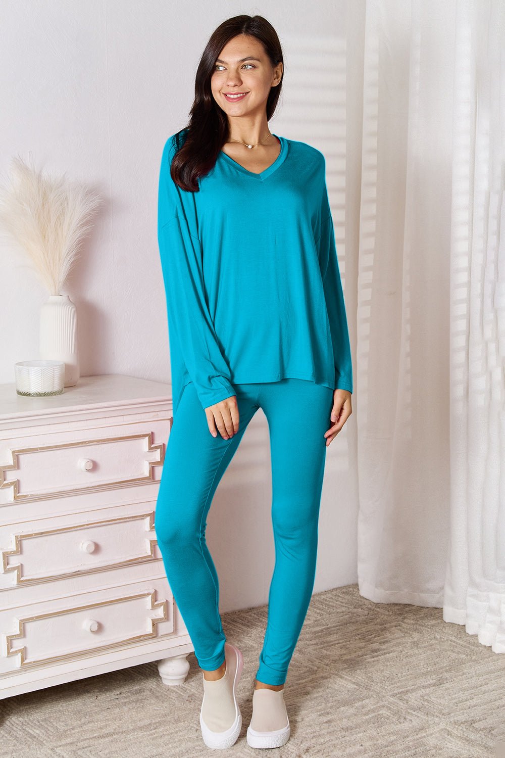 Basic Bae Full Size V-Neck Soft Rayon Long Sleeve Top and Pants Lounge Set Loungewear for women
