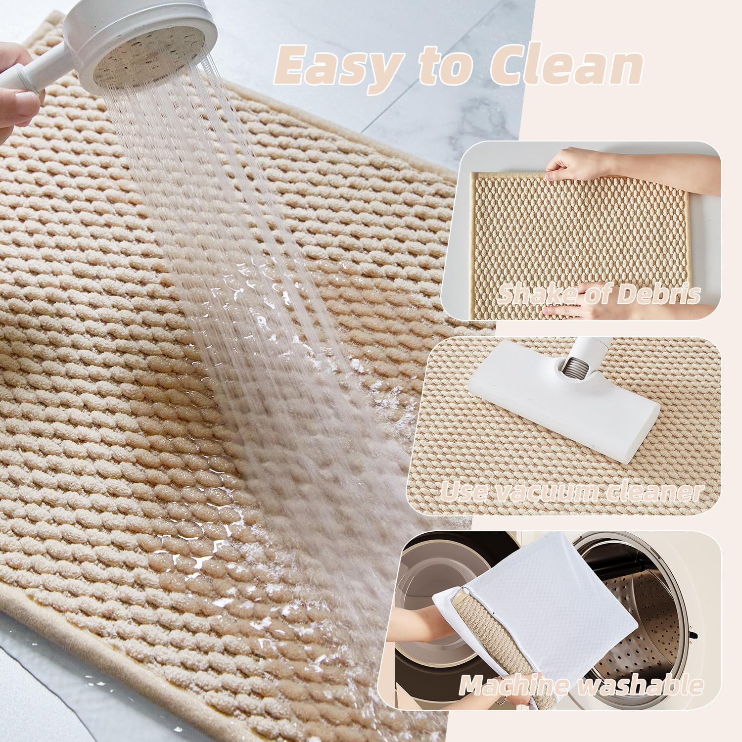 Bathroom Rug - Soft and Absorbent Chenille with Rubber Backing, Quick-Dry Mat Washable Runner Rug for Shower Floor, Bathmat Accessories and Decor Khaki 16"*24"