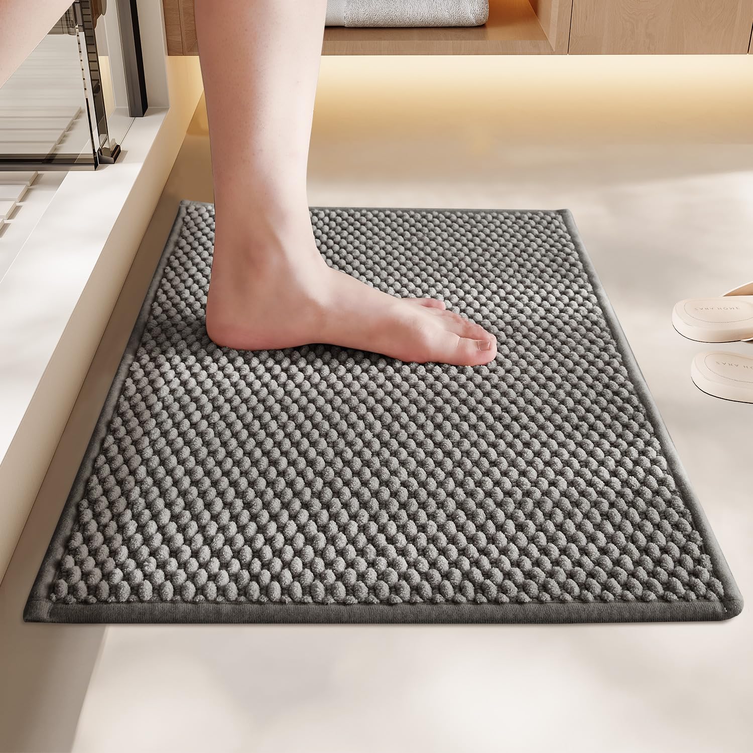 Bathroom Rug - Soft and Absorbent Chenille with Rubber Backing, Quick-Dry Mat Washable Runner Rug for Shower Floor, Bathmat Accessories and Decor Khaki 16"*24"