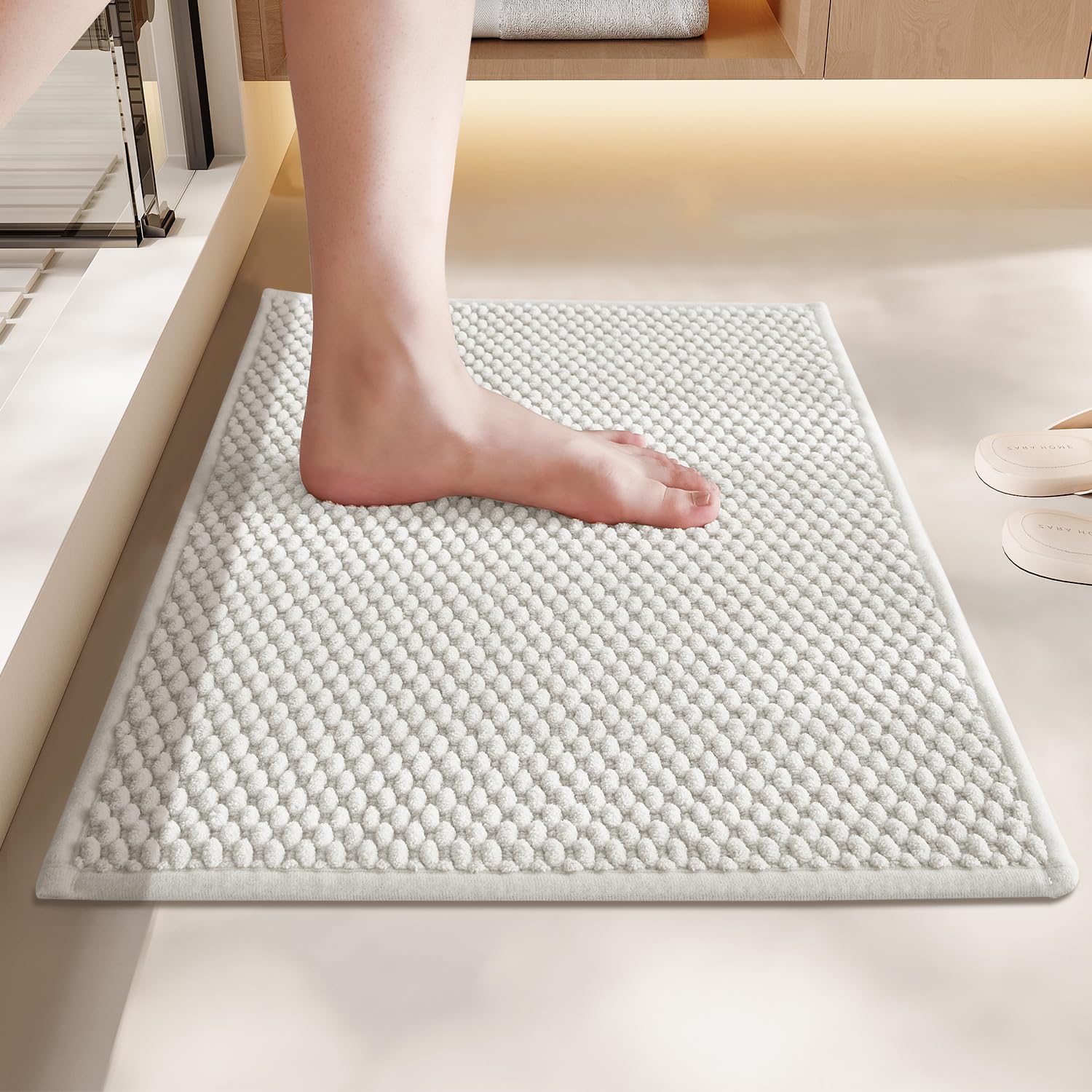 Bathroom Rug - Soft and Absorbent Chenille with Rubber Backing, Quick-Dry Mat Washable Runner Rug for Shower Floor, Bathmat Accessories and Decor Khaki 16"*24"