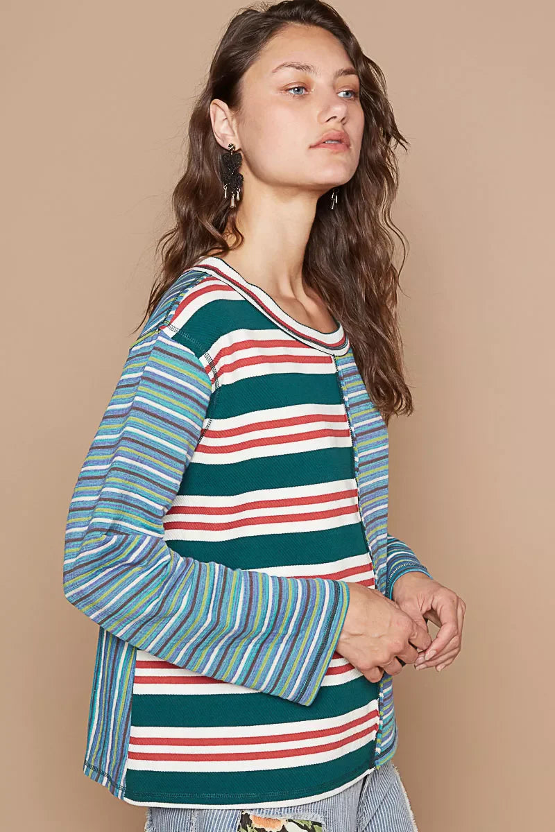 POL Color Block Striped Round Neck Long Sleeve T-Shirt