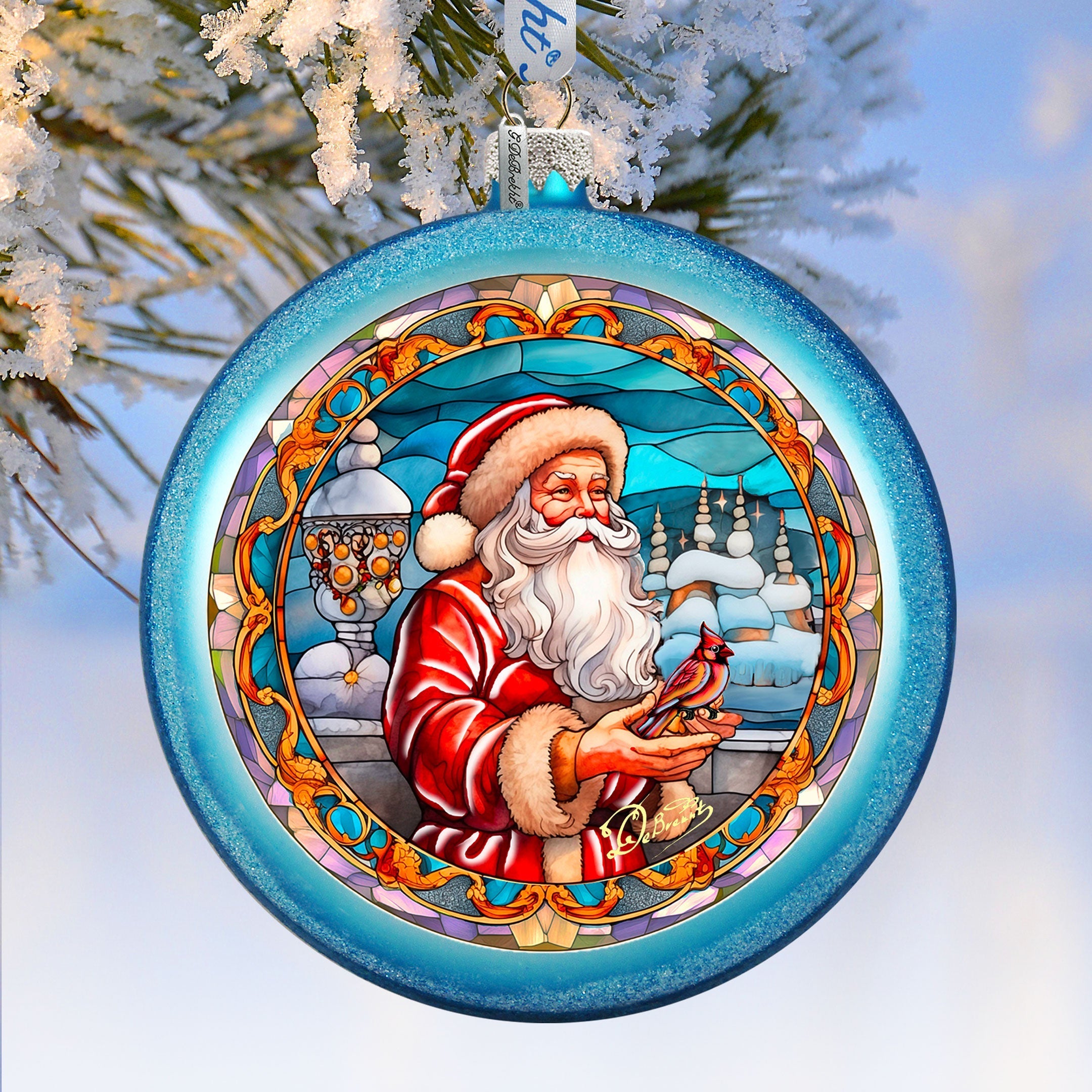 Santa's Red-feathered Friend Glass Ornament by G. DeBrekht - Christmas Santa Snowman Decor - 744-046