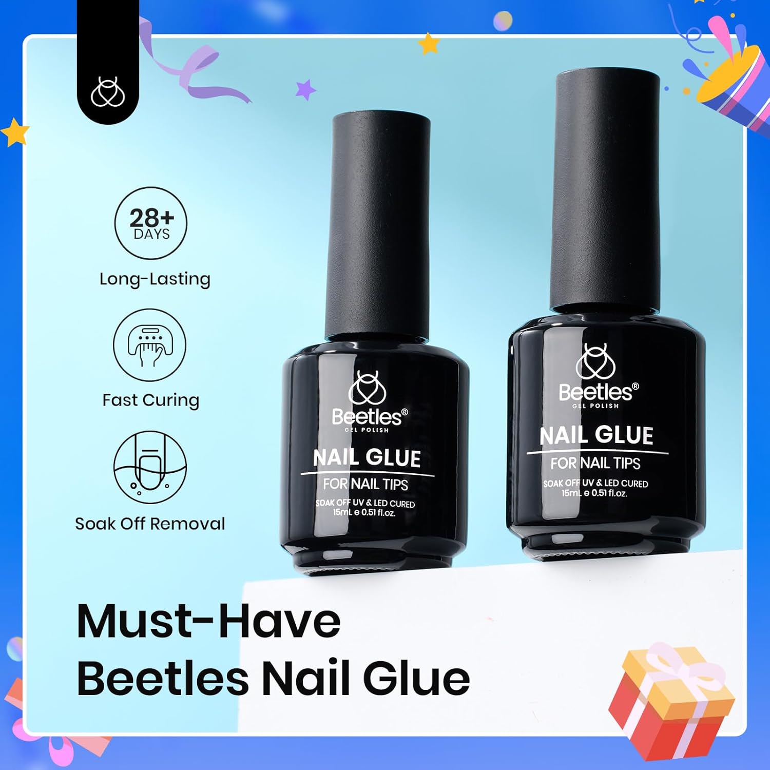 beetles Gel Polish 9 In 1 Gel Nail Glue for Clear Acrylic Nail Tips 2 Pcs 15ml Long Lasting Nail Gel Kit for False Nails Tips, Base Blooming Nail Gel, U V Light Required