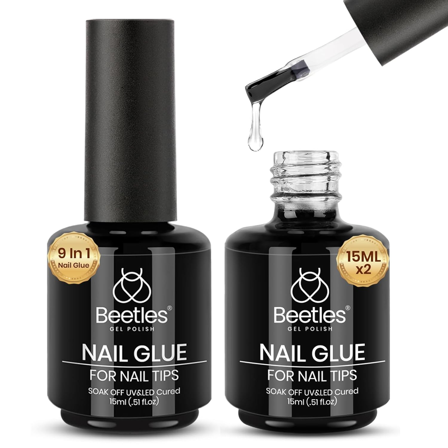beetles Gel Polish 9 In 1 Gel Nail Glue for Clear Acrylic Nail Tips 2 Pcs 15ml Long Lasting Nail Gel Kit for False Nails Tips, Base Blooming Nail Gel, U V Light Required