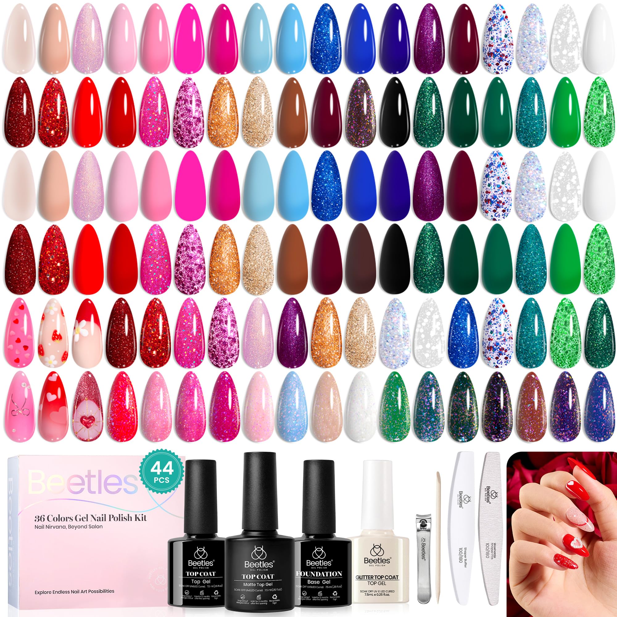 beetles Gel Polish Set Fall Gel Nail Polish Kit 36 Pcs 32 Colors with Base Top Coat Burgundy Red Blue Purple Hot Pink Green Black White Uv LED Lamp Nails Gifts for Women Fingertip Palette